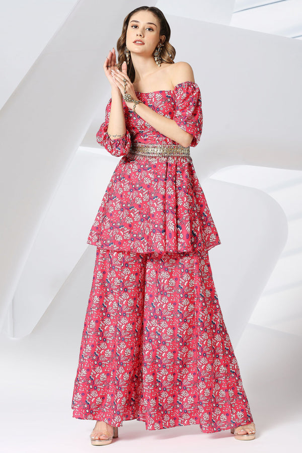 Cherry Red Floral Printed Kali Sharara Set with Embroidered Belt