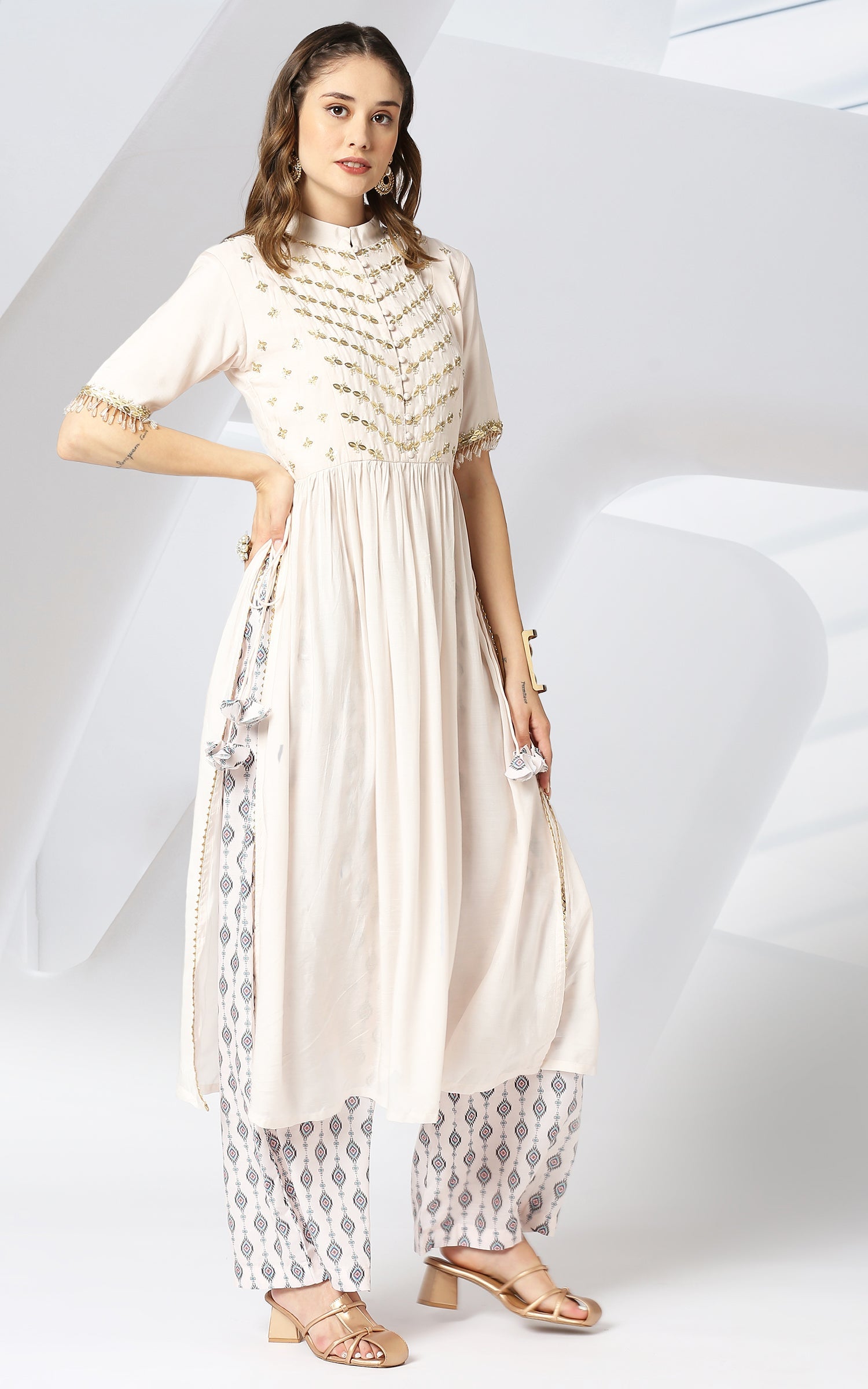 Off White Ikat Printed Embroidered Kurta Set with Pants