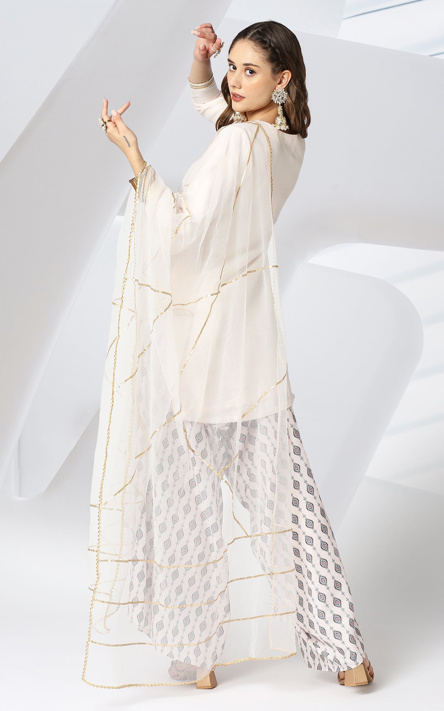 Off White Embroidered Kurta with Printed Cowl Pants