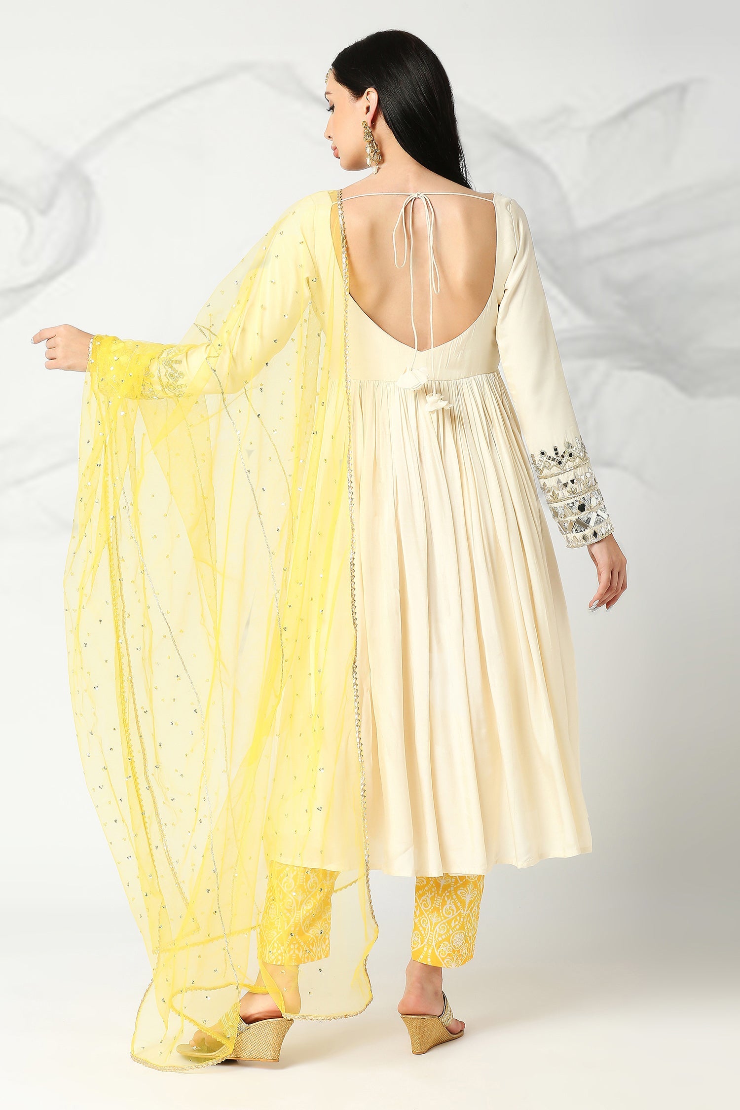 Off White and Yellow Embroidered Kalidar Set