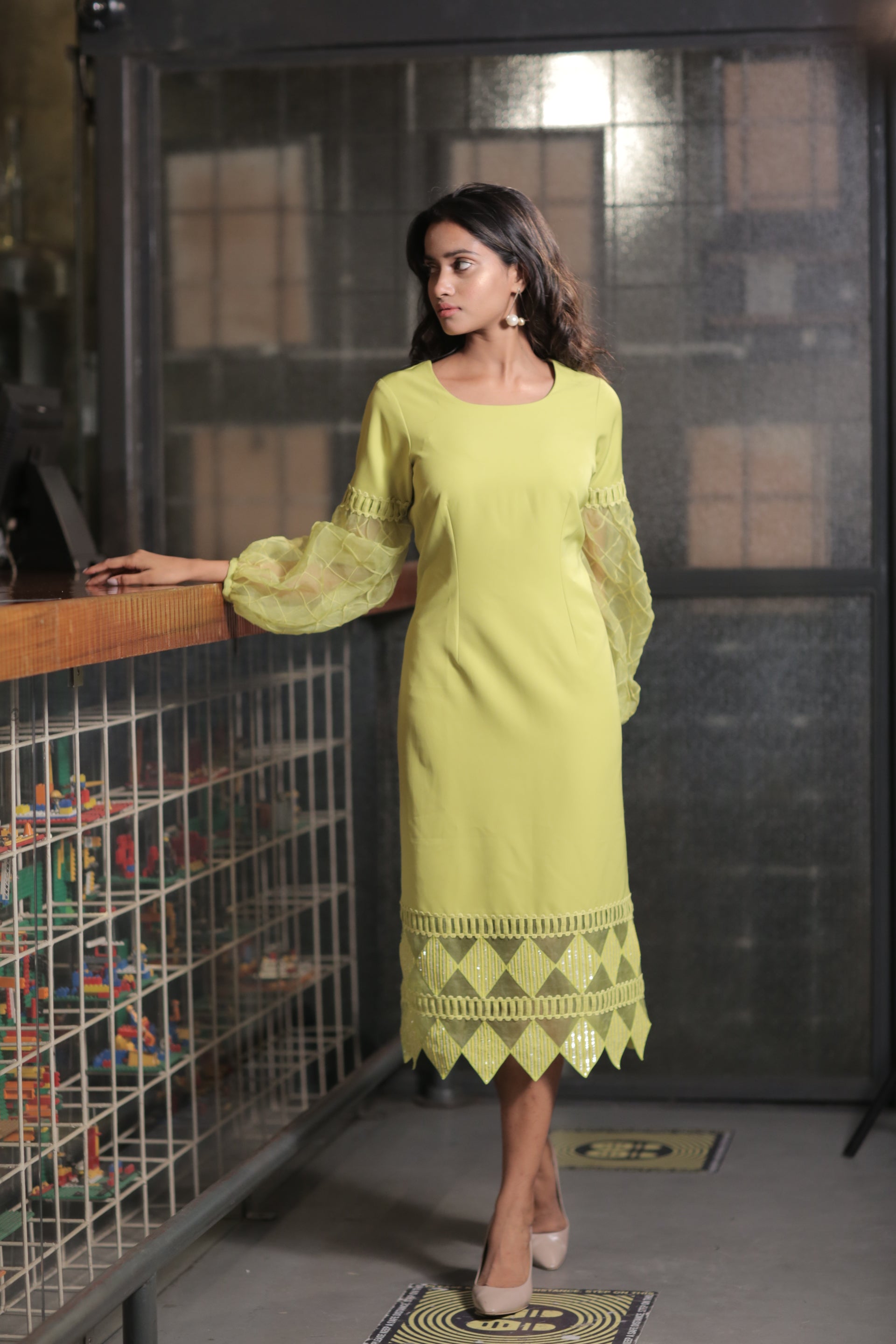 Lime green dress with puffed sleeves