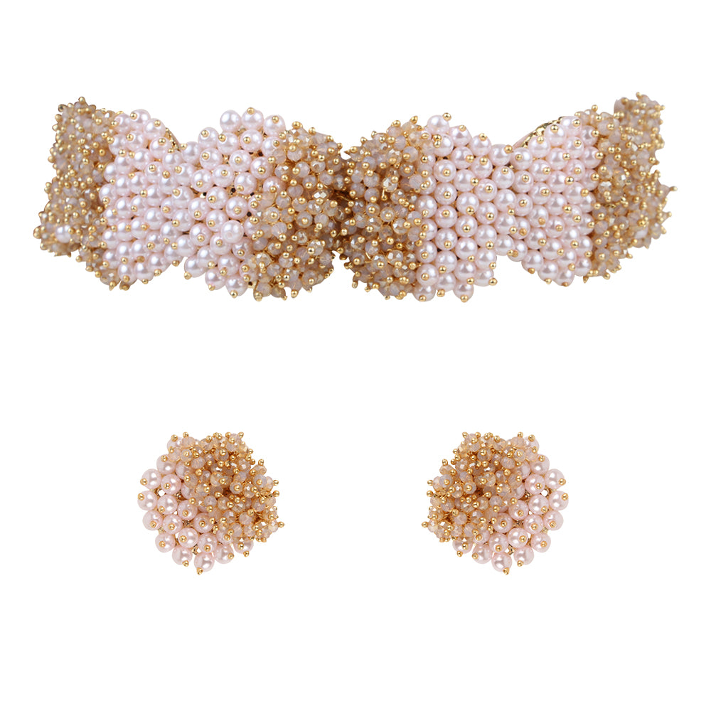 Versatile fresh pink pearl chocker full set with champagne stones