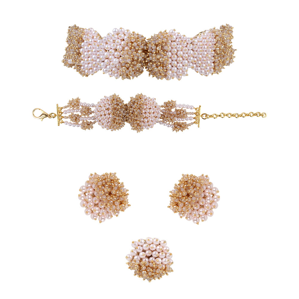 Versatile fresh pink pearl chocker full set with champagne stones