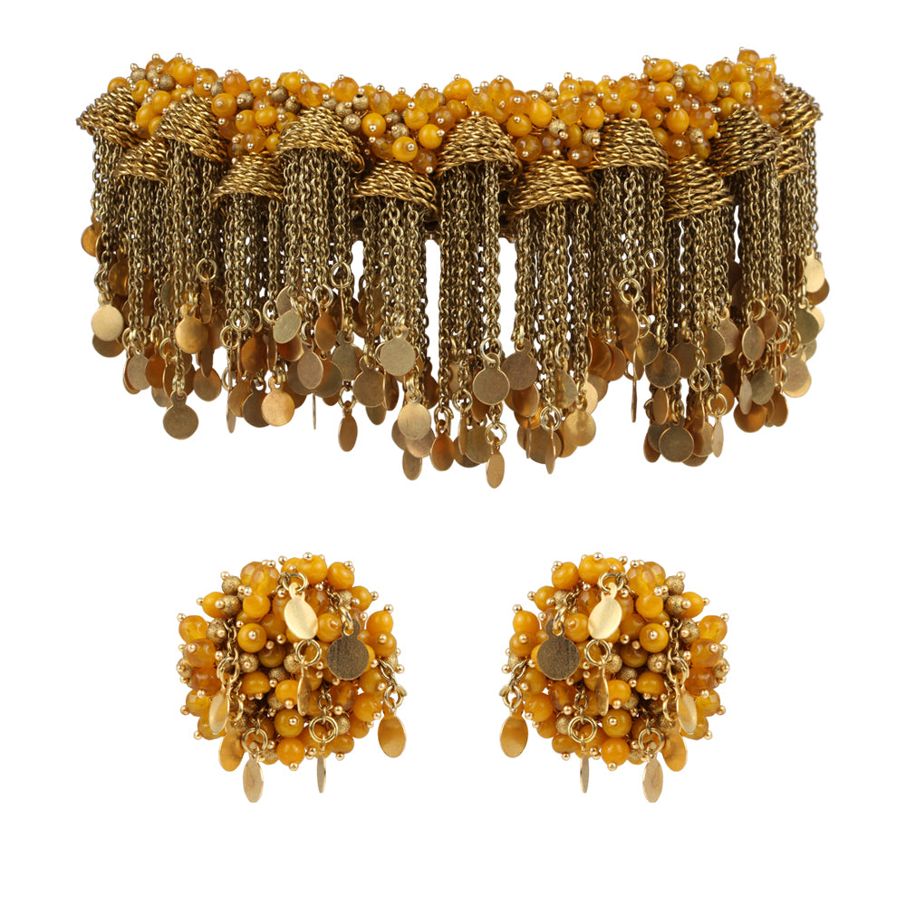 Statement jewelry designed mustard antique chain falling chocker full set