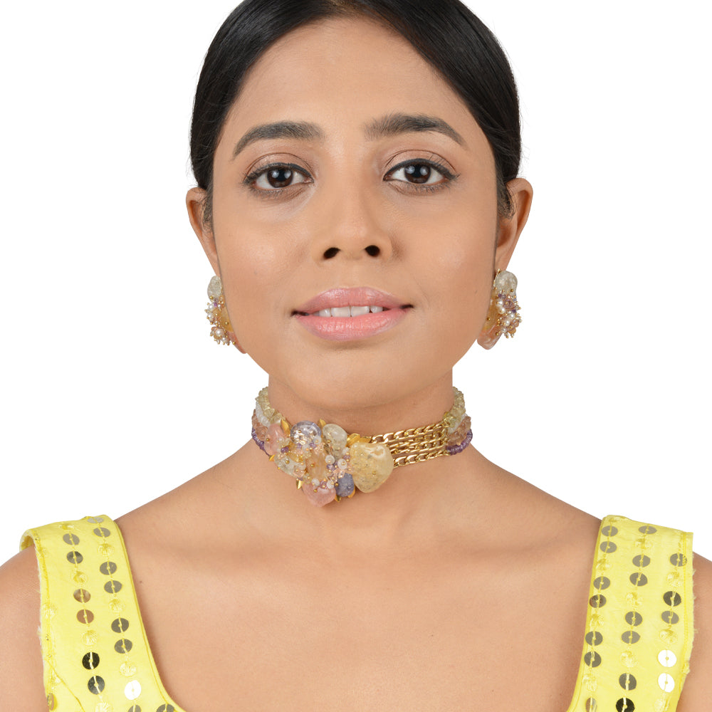 Multicolour contemporary stone studded gold plated chocker set
