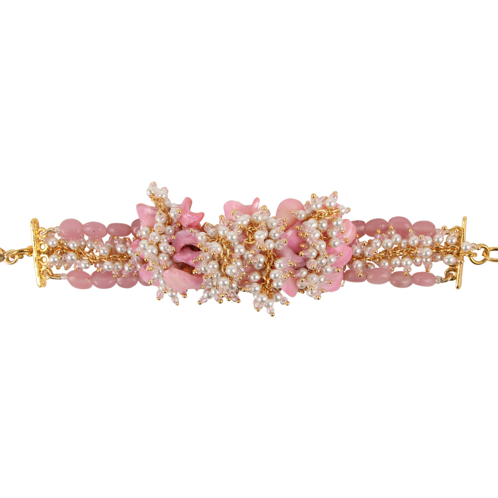 Gold plated designer pink shell chocker full set with tiny falling pearls