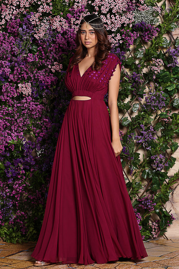 Wine pleated Gown
