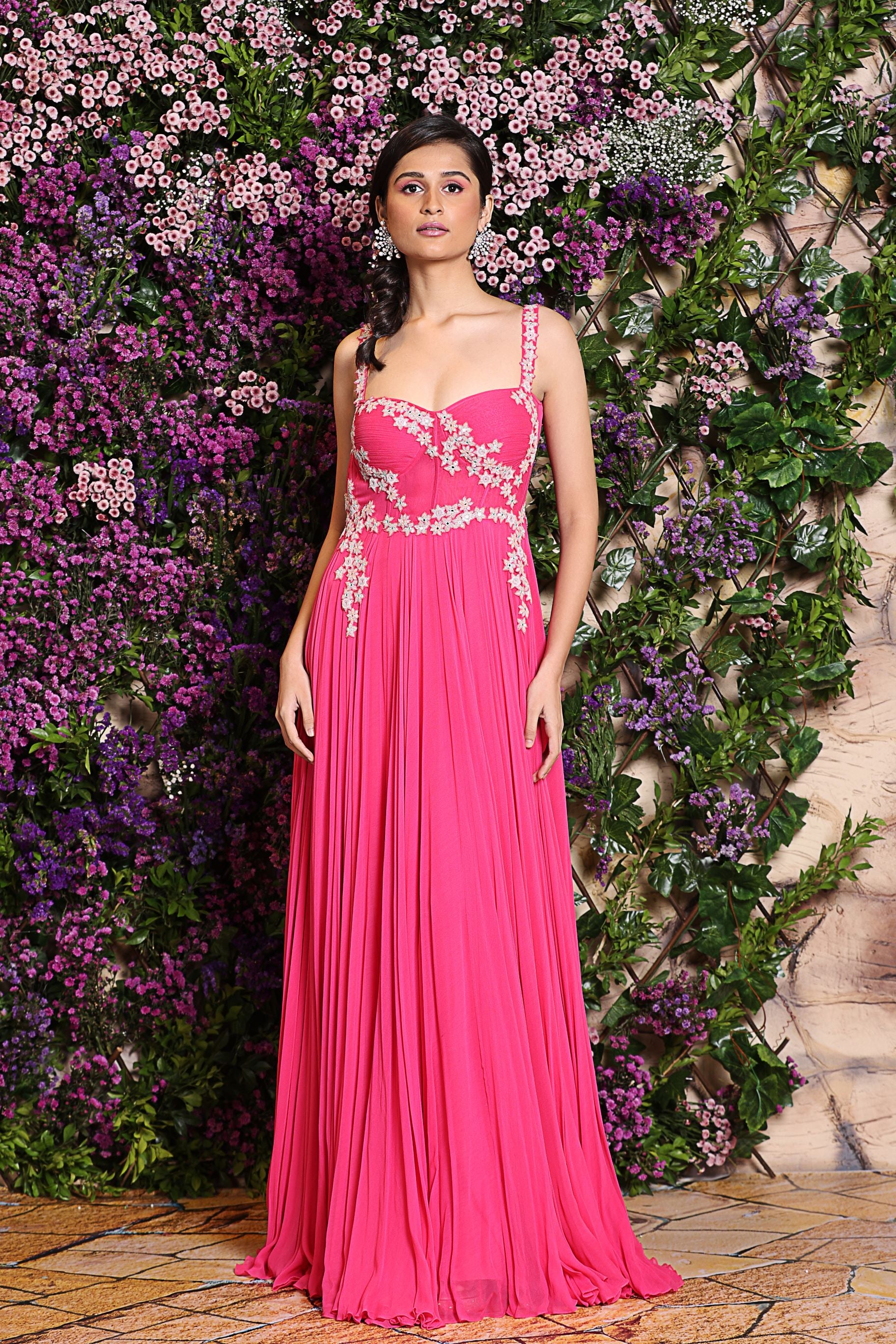 Fuchsia pink corset gown with bugle bead floral embroidery