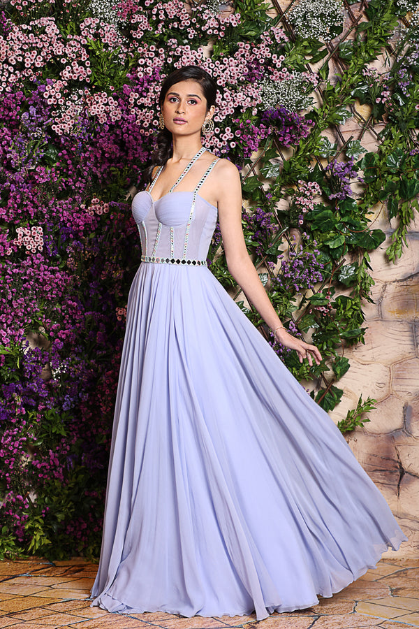 Lilac corset gown with mirror embroidery