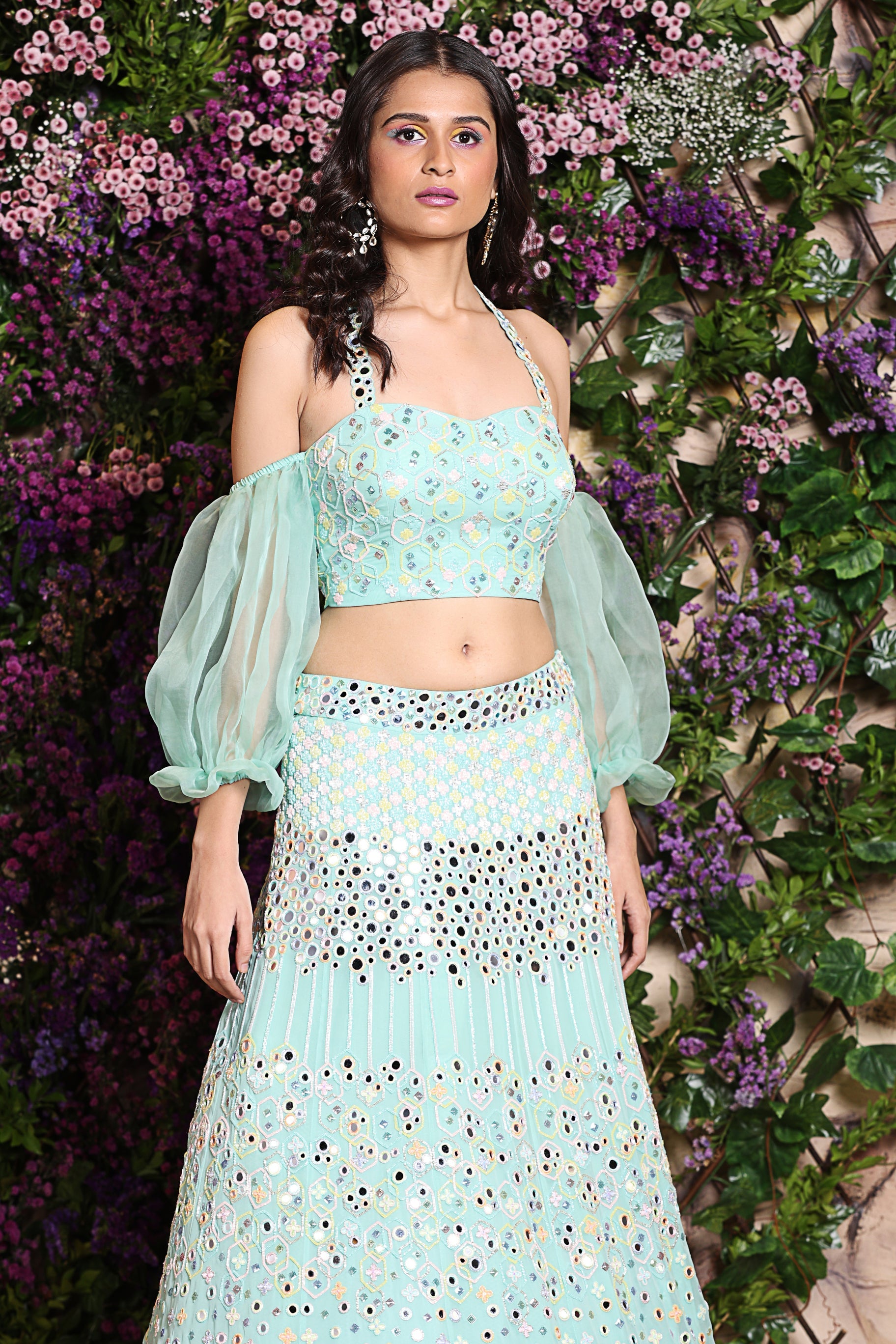 an organza sleeved embroidered crop top