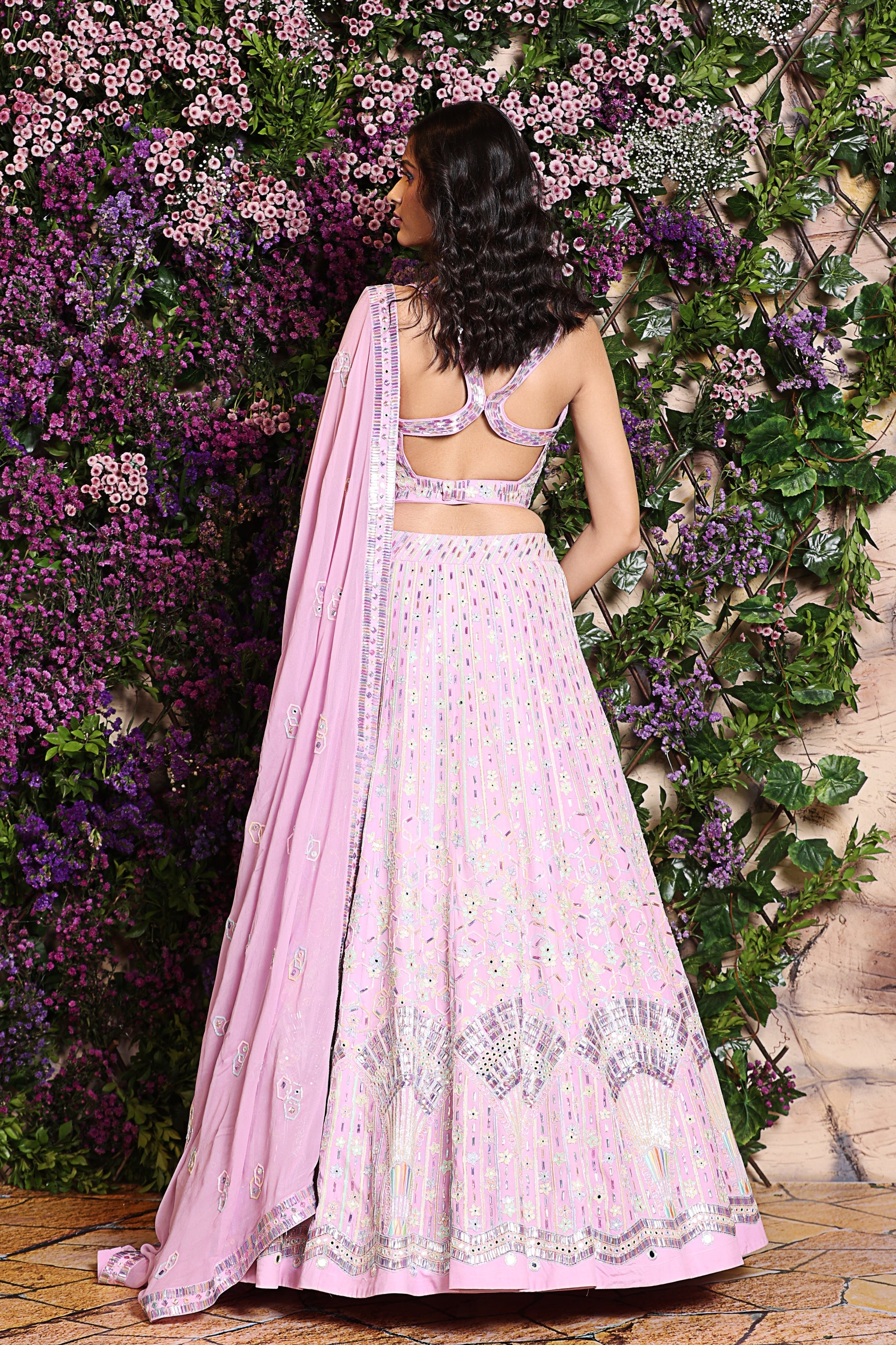 Lavender Lehenga embroidered with peacock fan motif