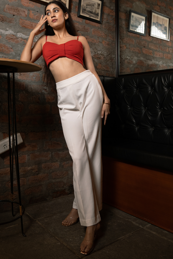 Pleated Red Bustier and White Trouser Set