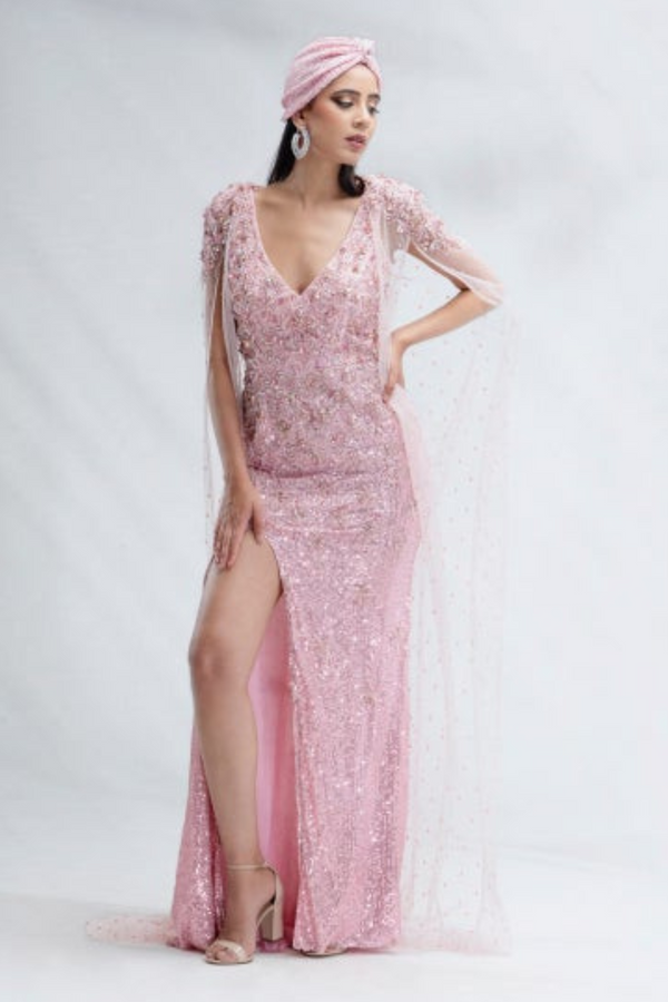 light pink sequin lycra gown with cape