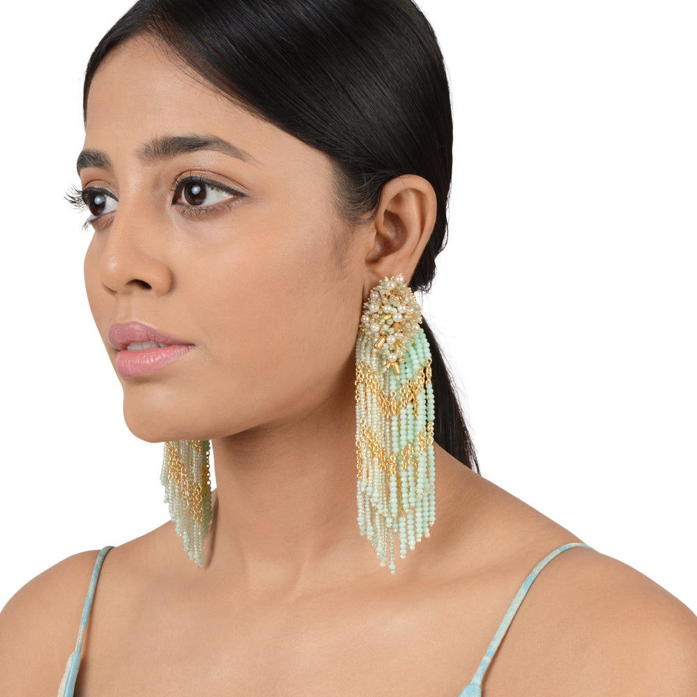 Root turq long goldplated tassel hand made crystal earrings
