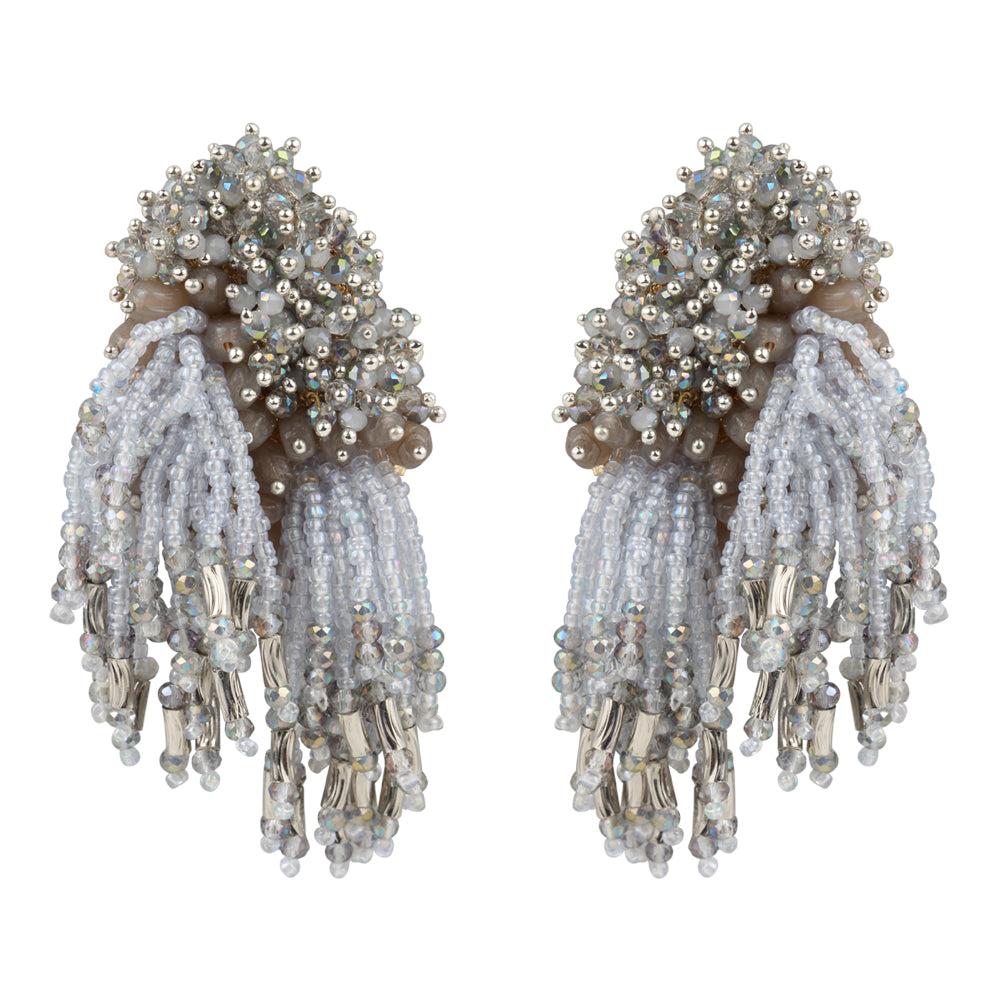 Birch bias tassel shining silver earrings with crystals