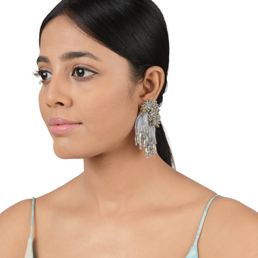 Birch bias tassel shining silver earrings with crystals