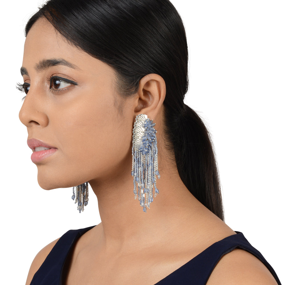 Vine sleek ink blue silver tassel earrings