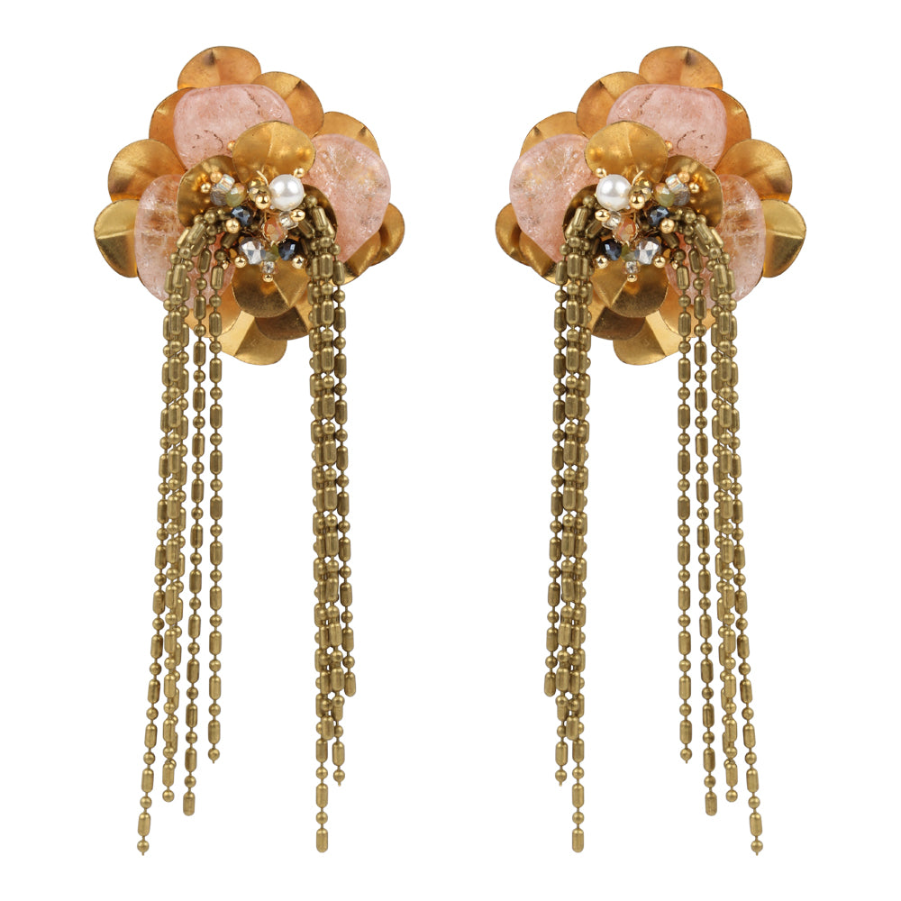 Mist pink stone floral gold plated designer earrings