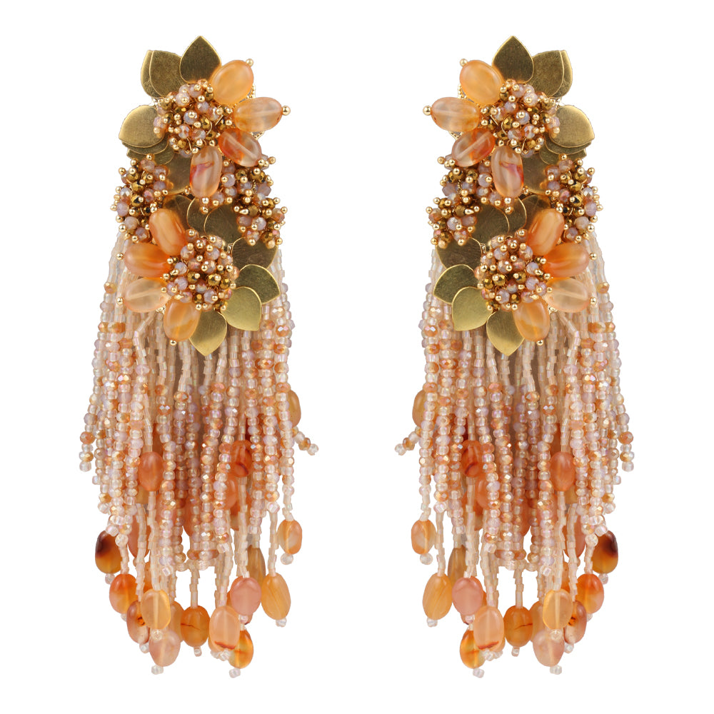 Cone peach and red stone studded long bohemian handmade earrings
