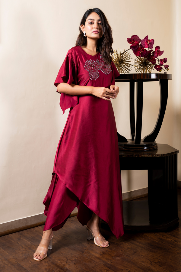 Cherry Red Satin Gown with Pants