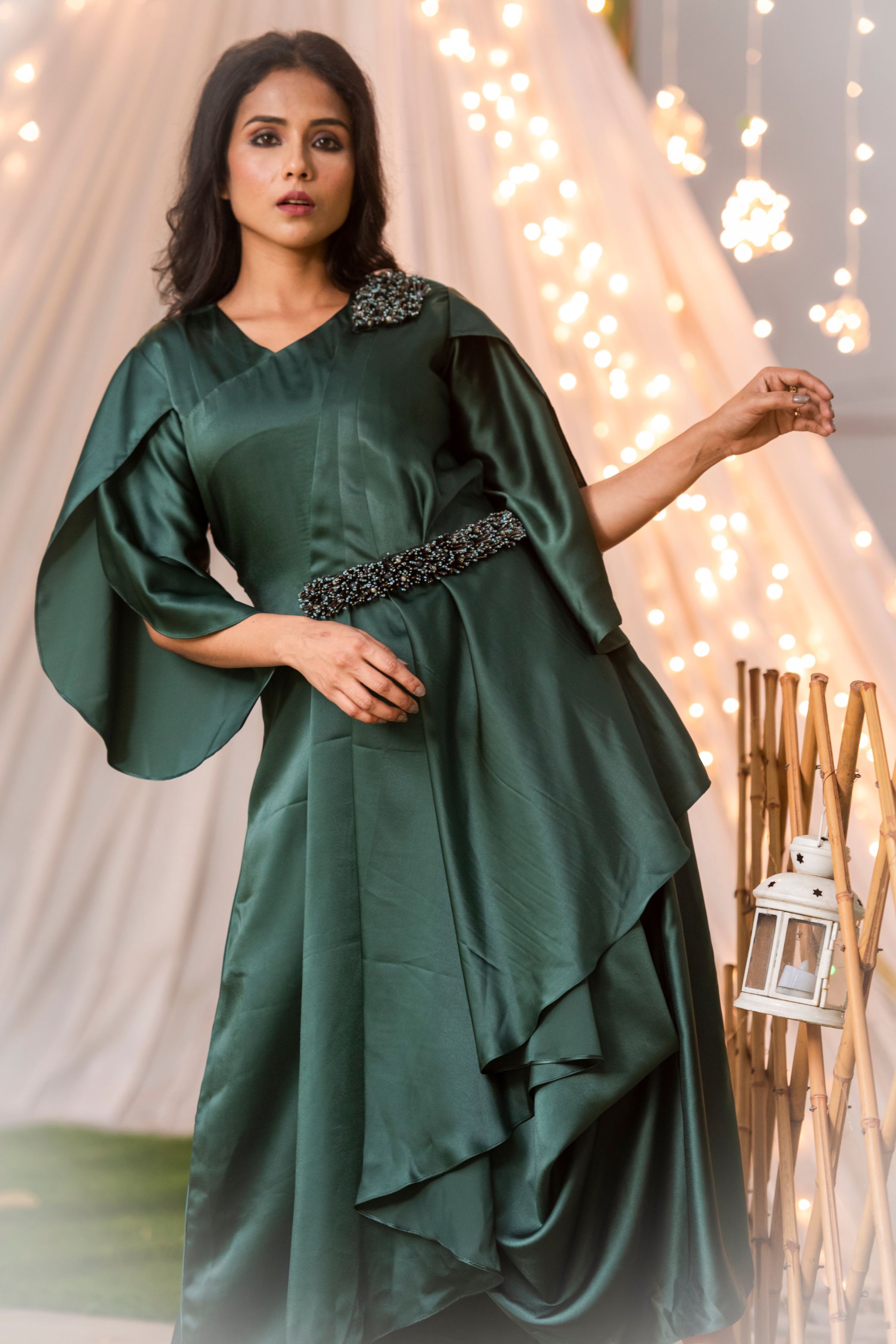 Green Draped Satin Gown