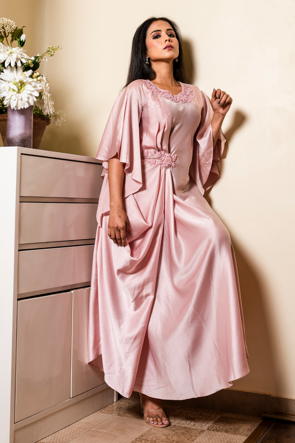 Pink Draped Satin Gown with Embroidery