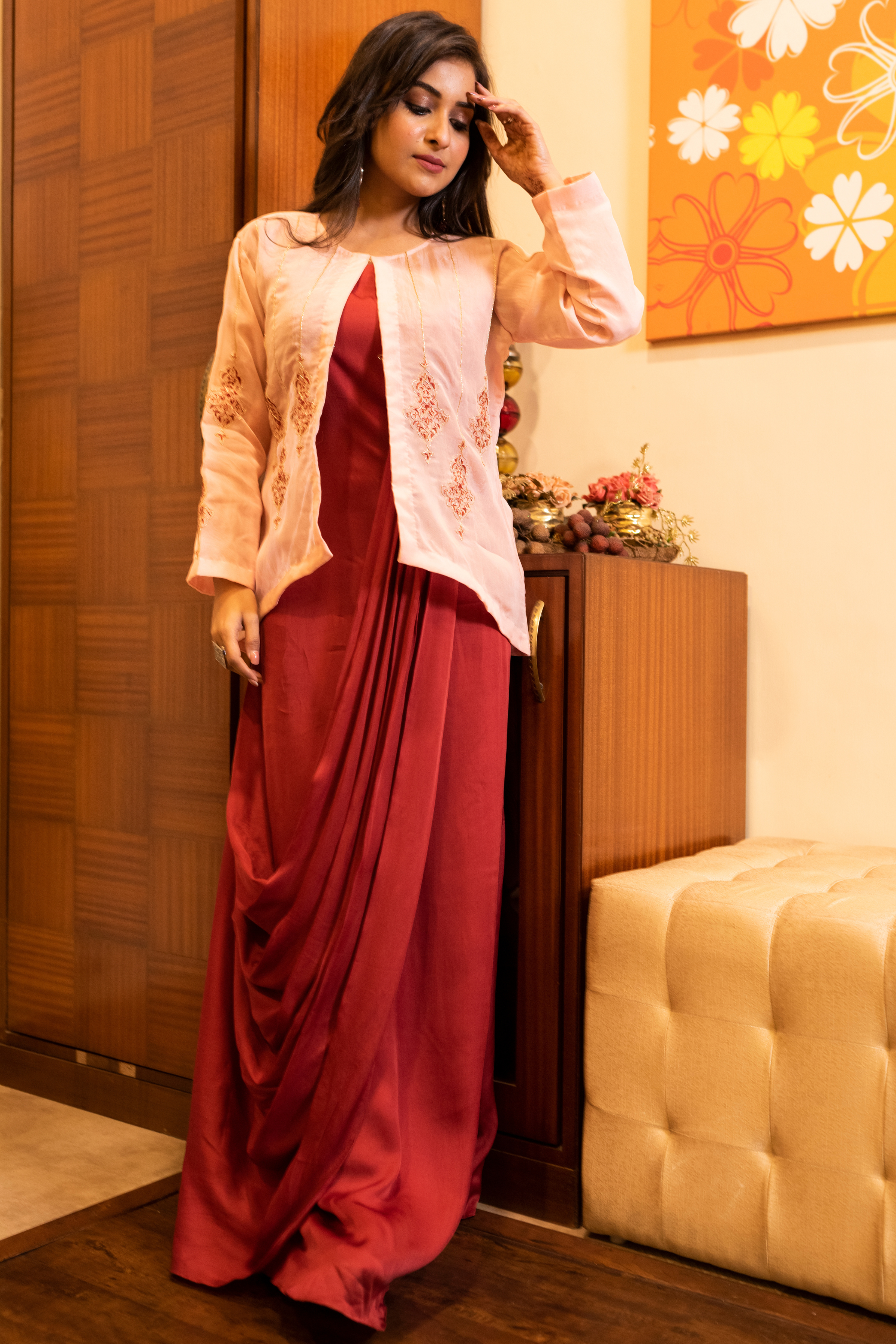 Red Draped Gown with Jacket
