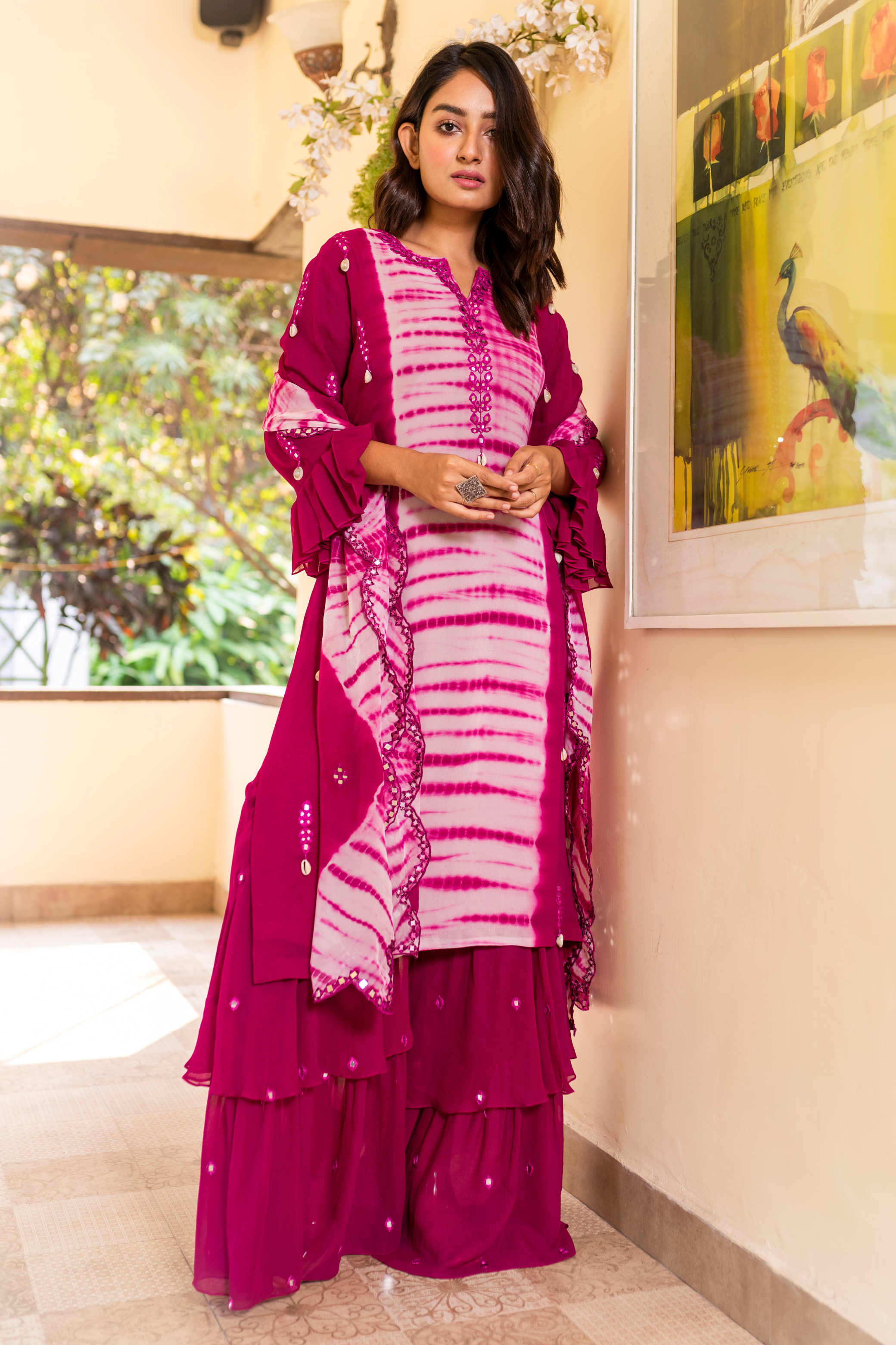 Pink Tie Dye Kurta Sharara Set with Mirror Work