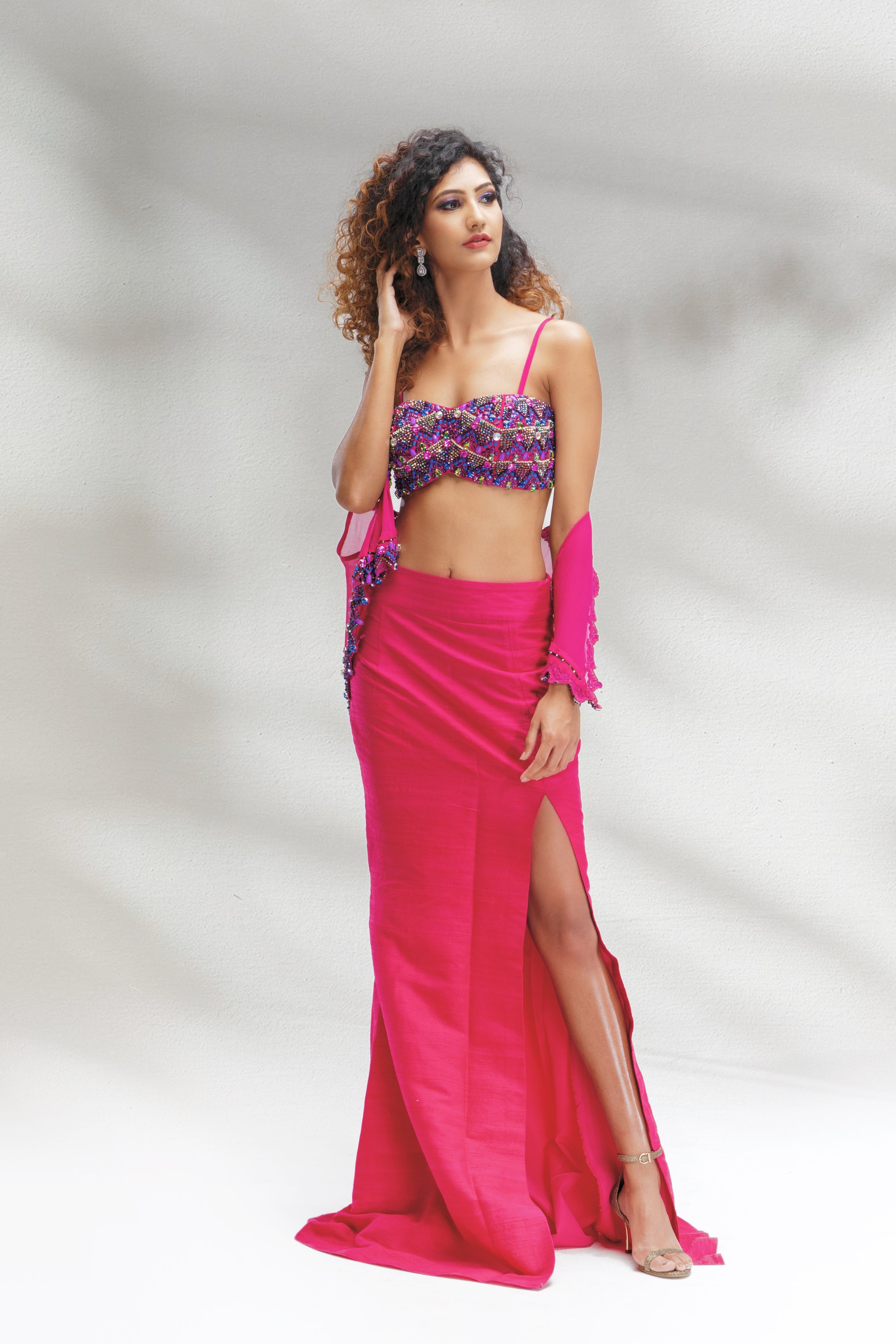 skirt with slit and multi colour stone embroidered top