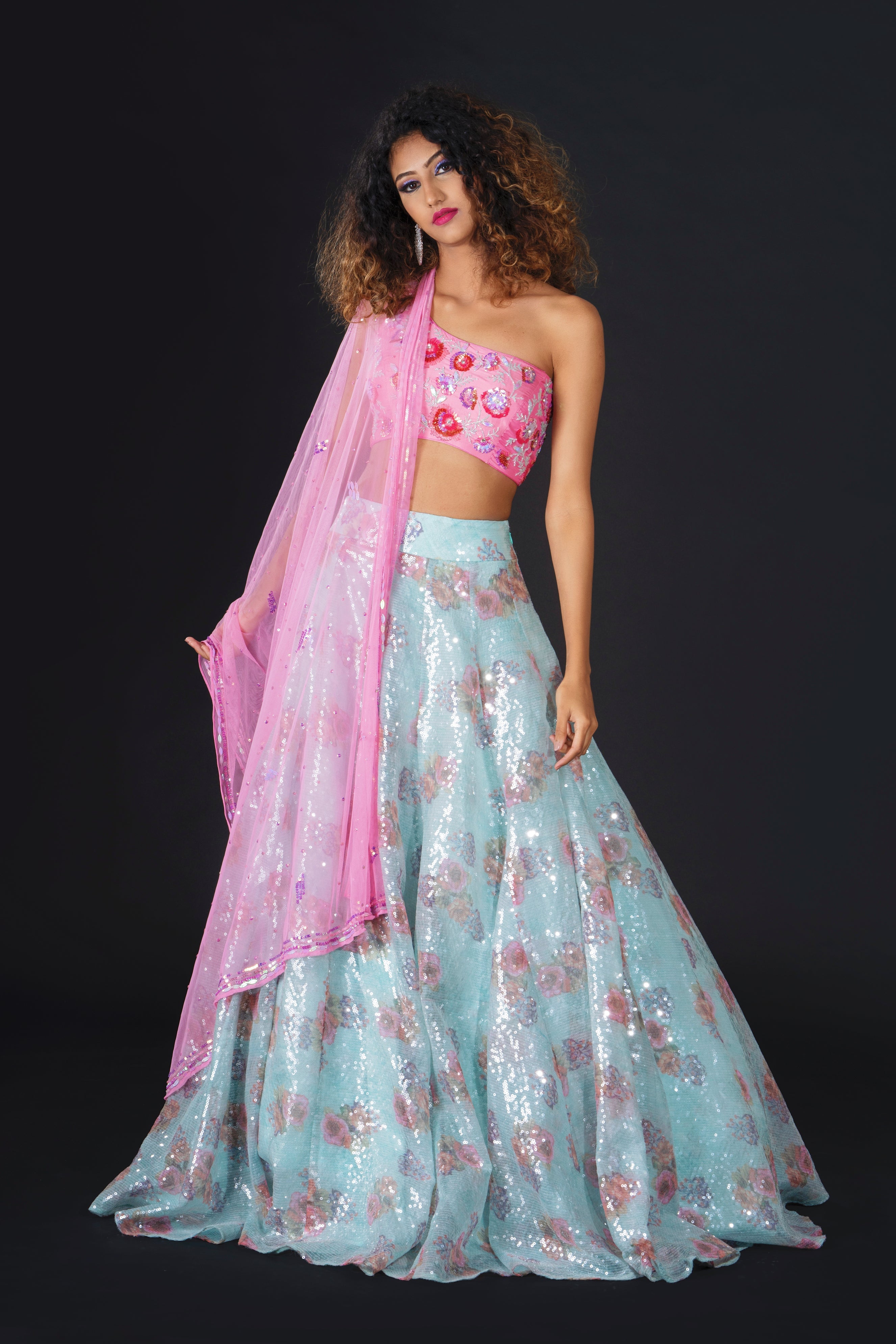 lehenga with pink silk floral embroidered blouse