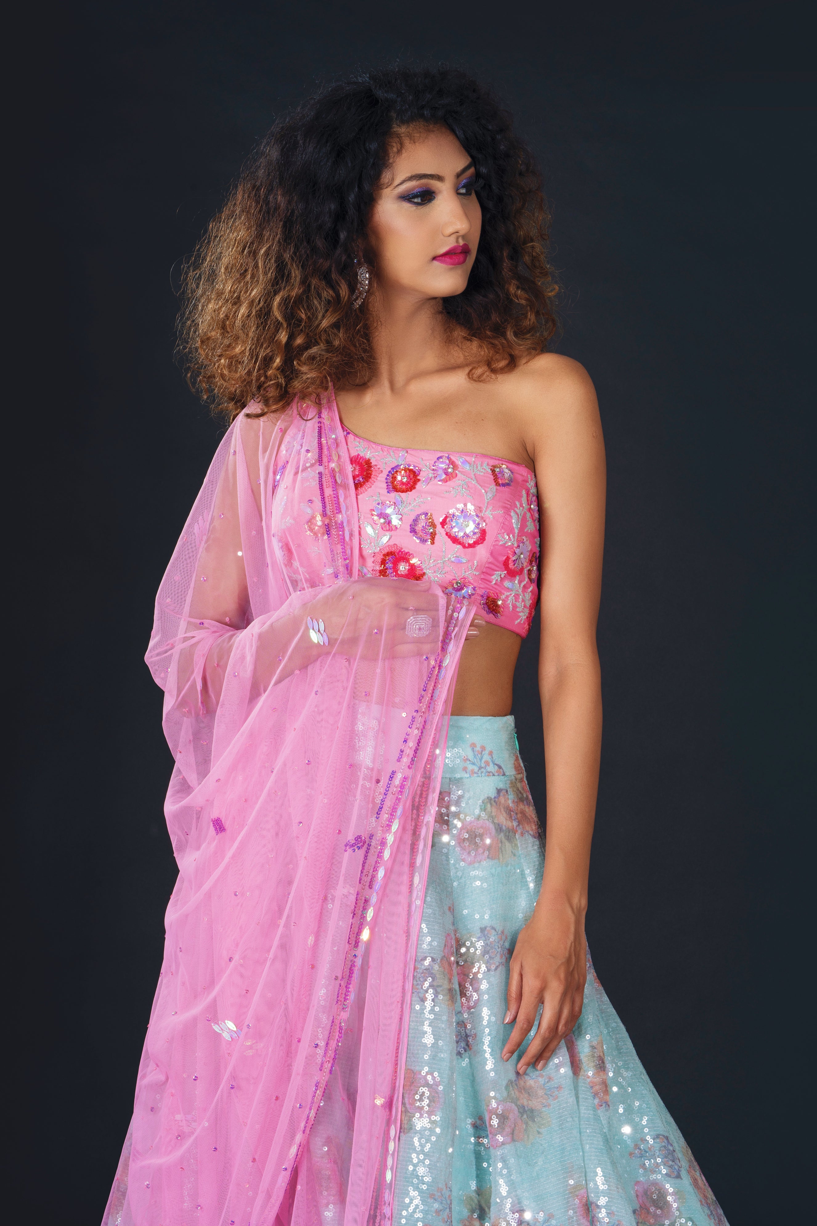 embroidered blouse and net dupatta