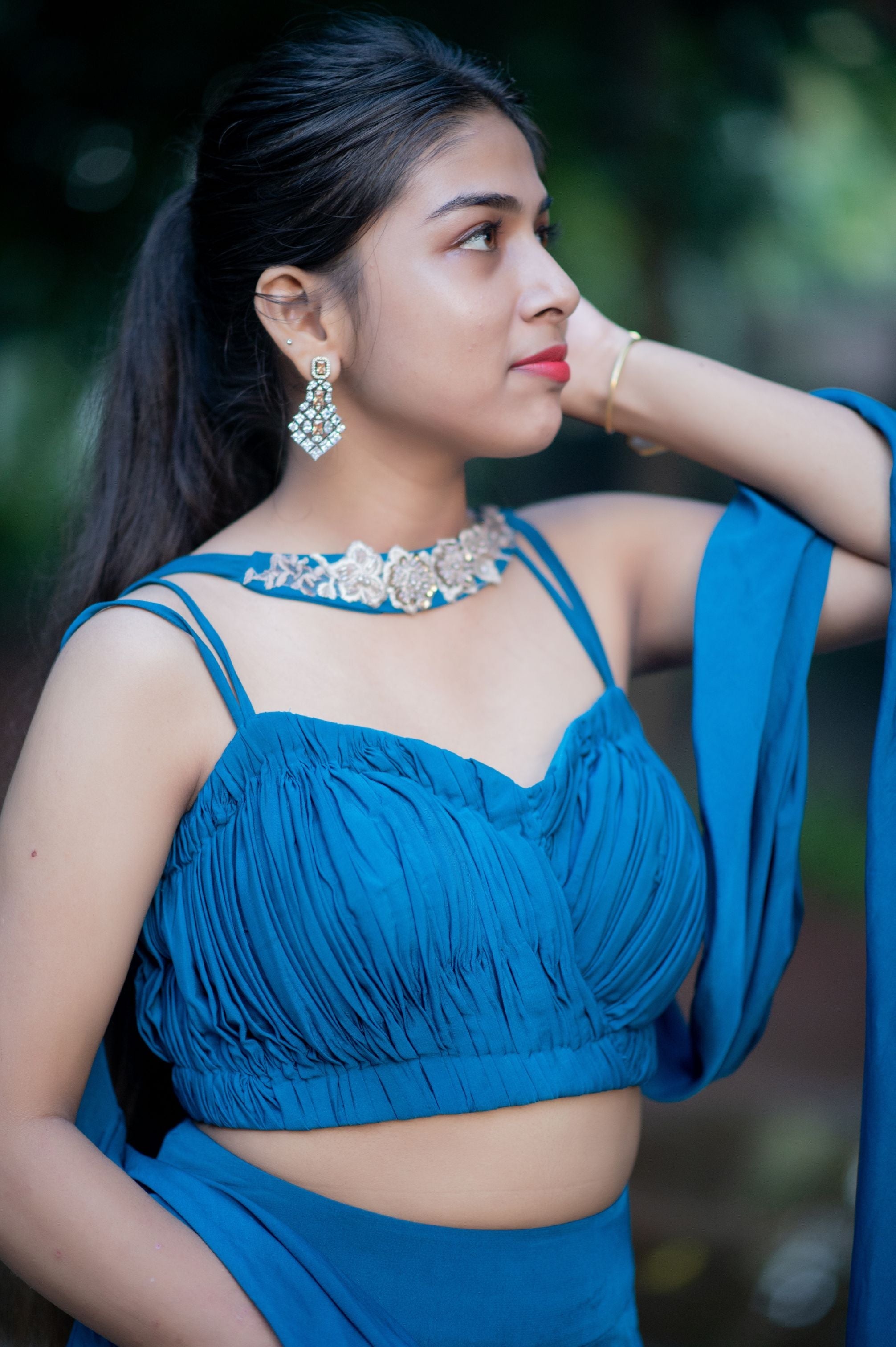 Blue double strap blouse with embellished dupatta online