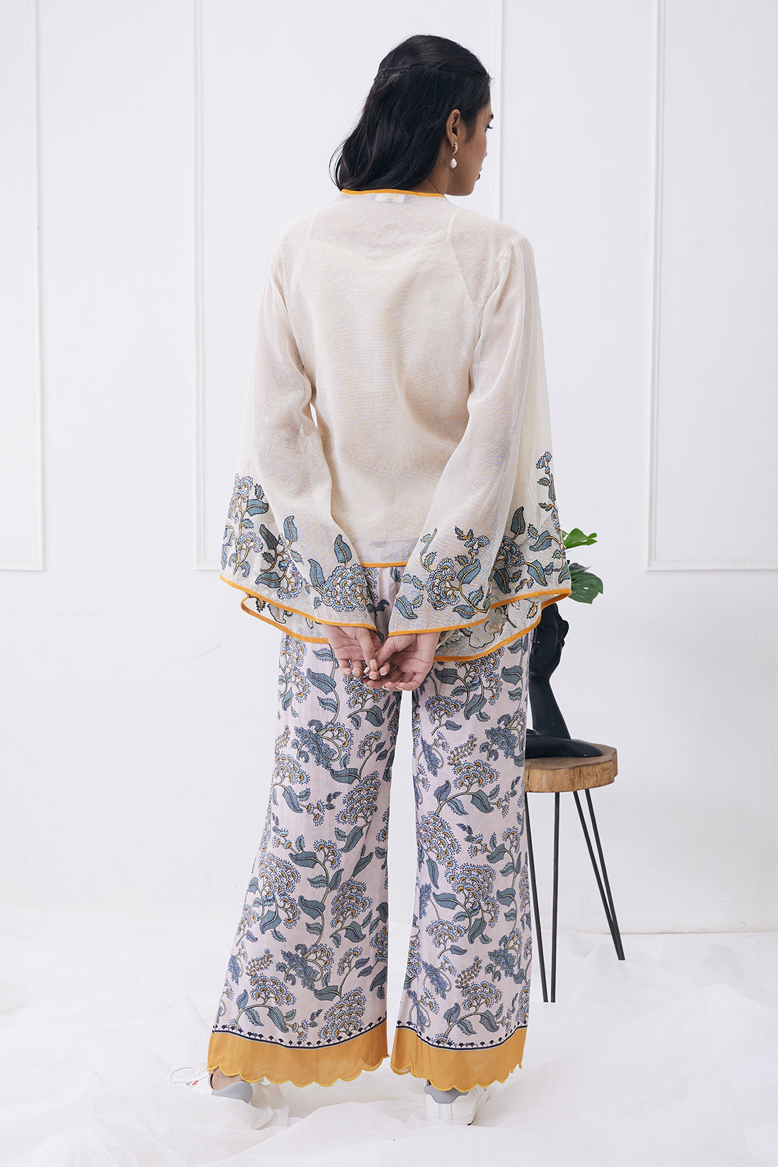 White Printed Overlapped Top with Pants