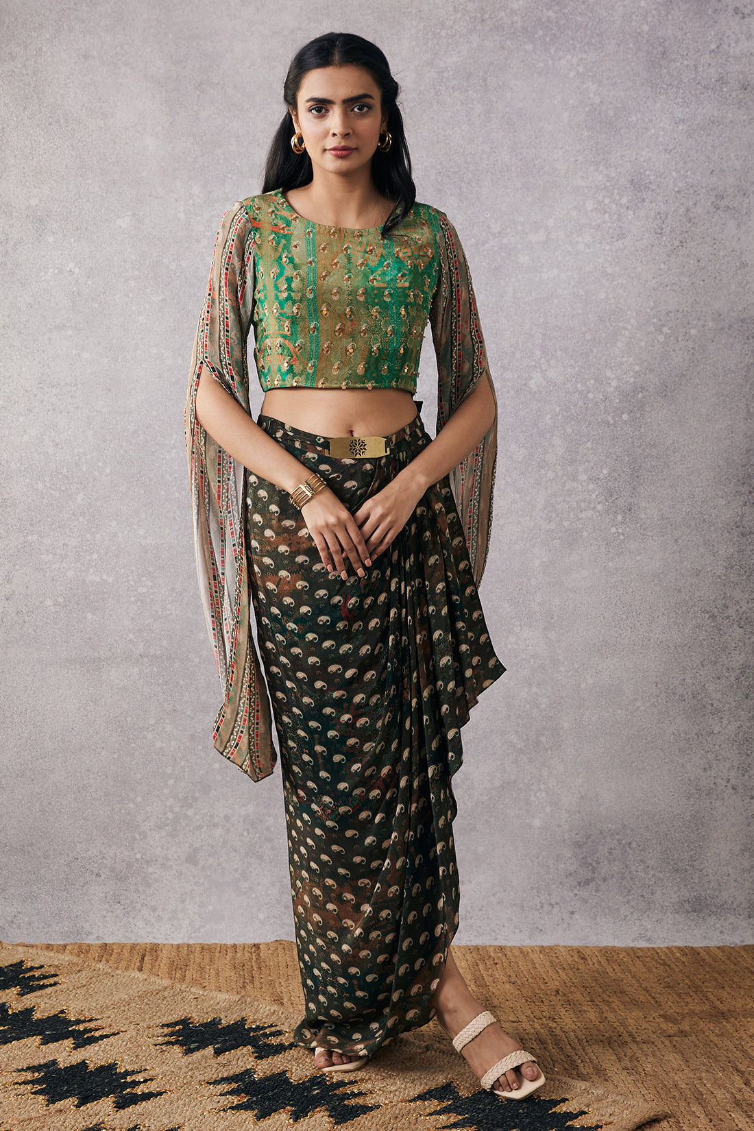 Embroidered Top with Drape Skirt