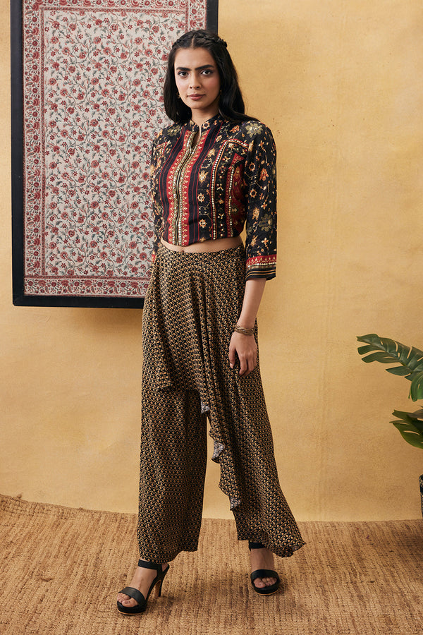 Brown Embroidered Top with Drape Pants