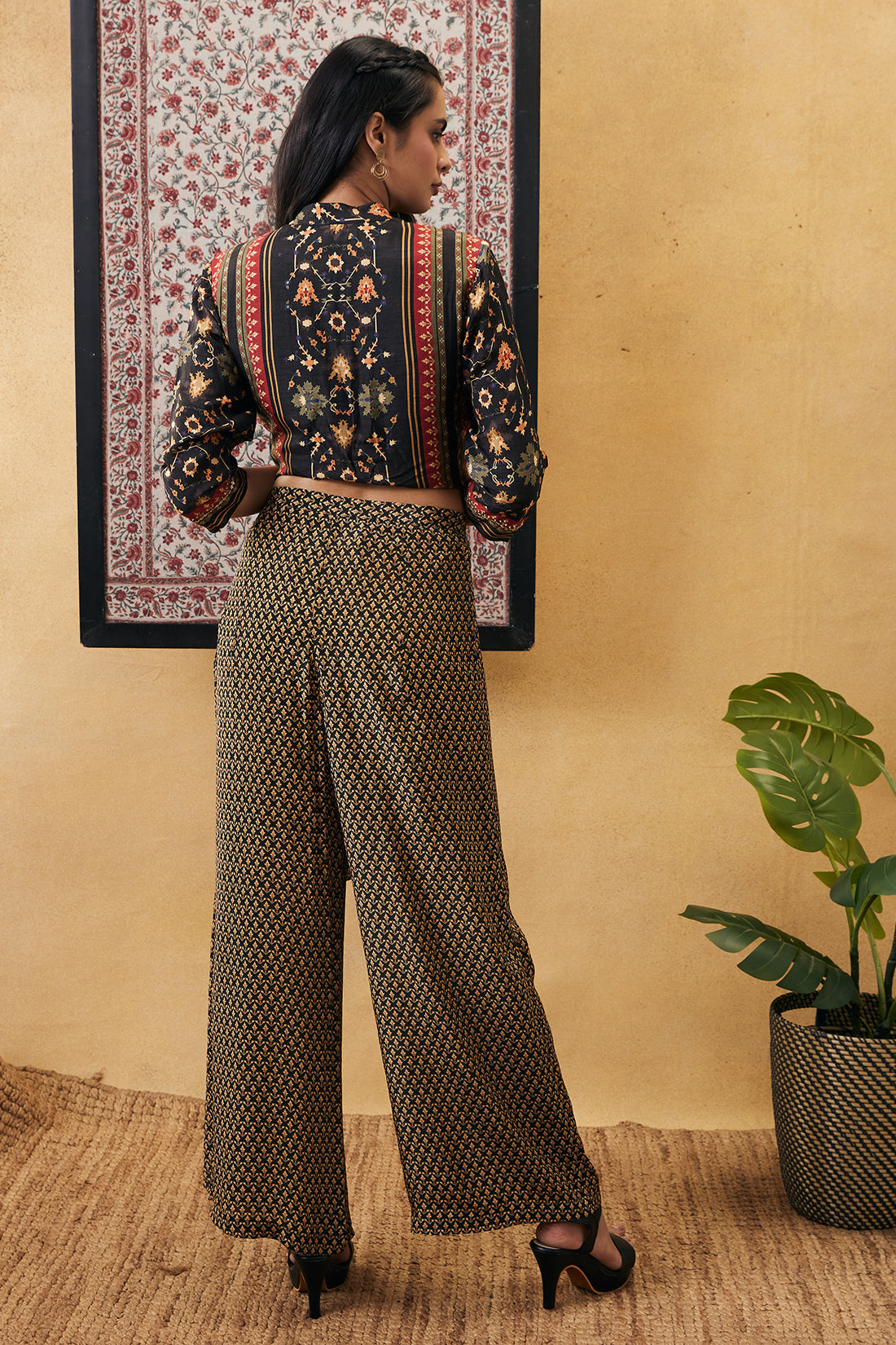 Brown Embroidered Top with Drape Pants