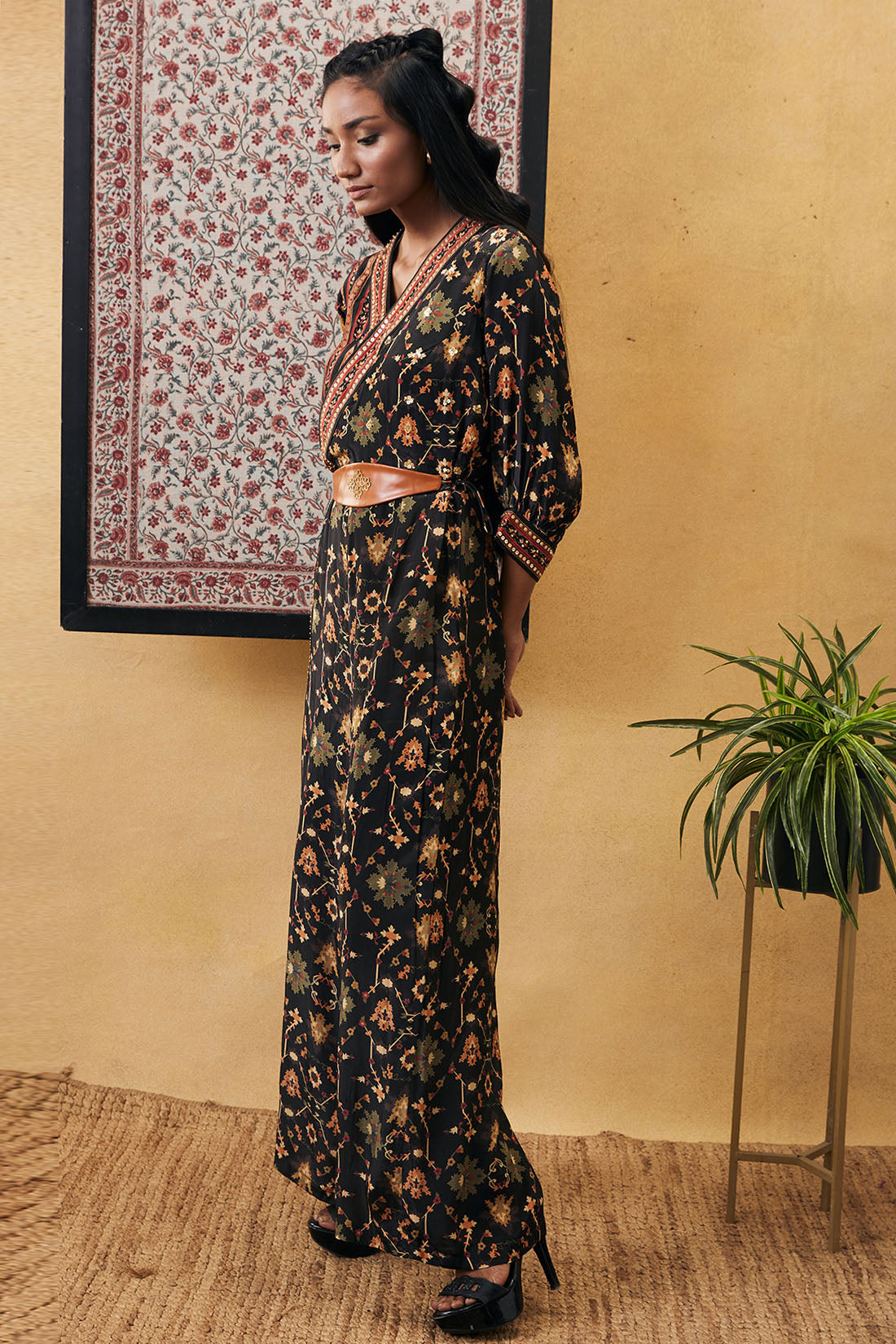 Printed Overlap Jumpsuit with Belt