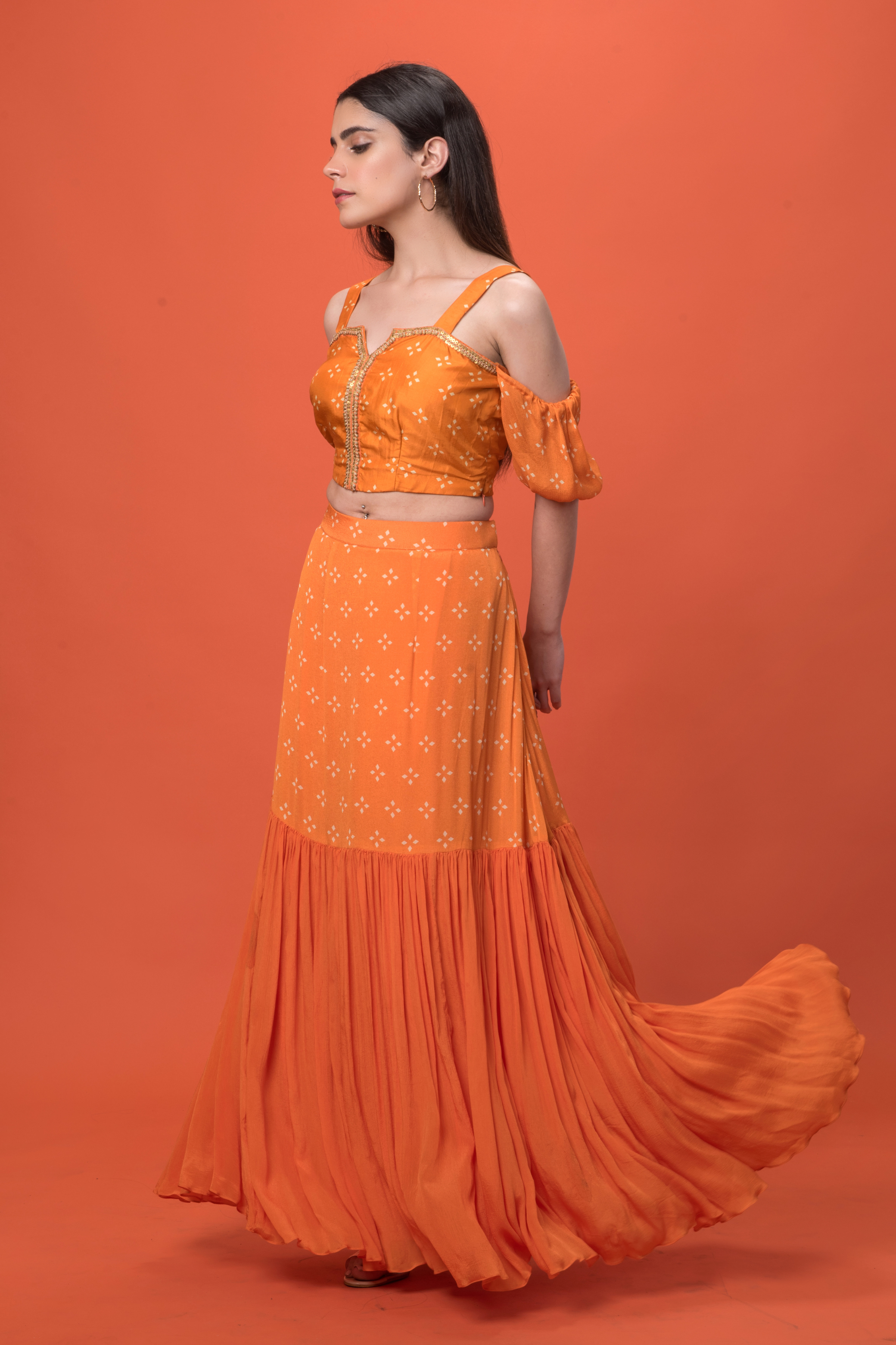 Embroidered Orange Blouse and Skirt Set