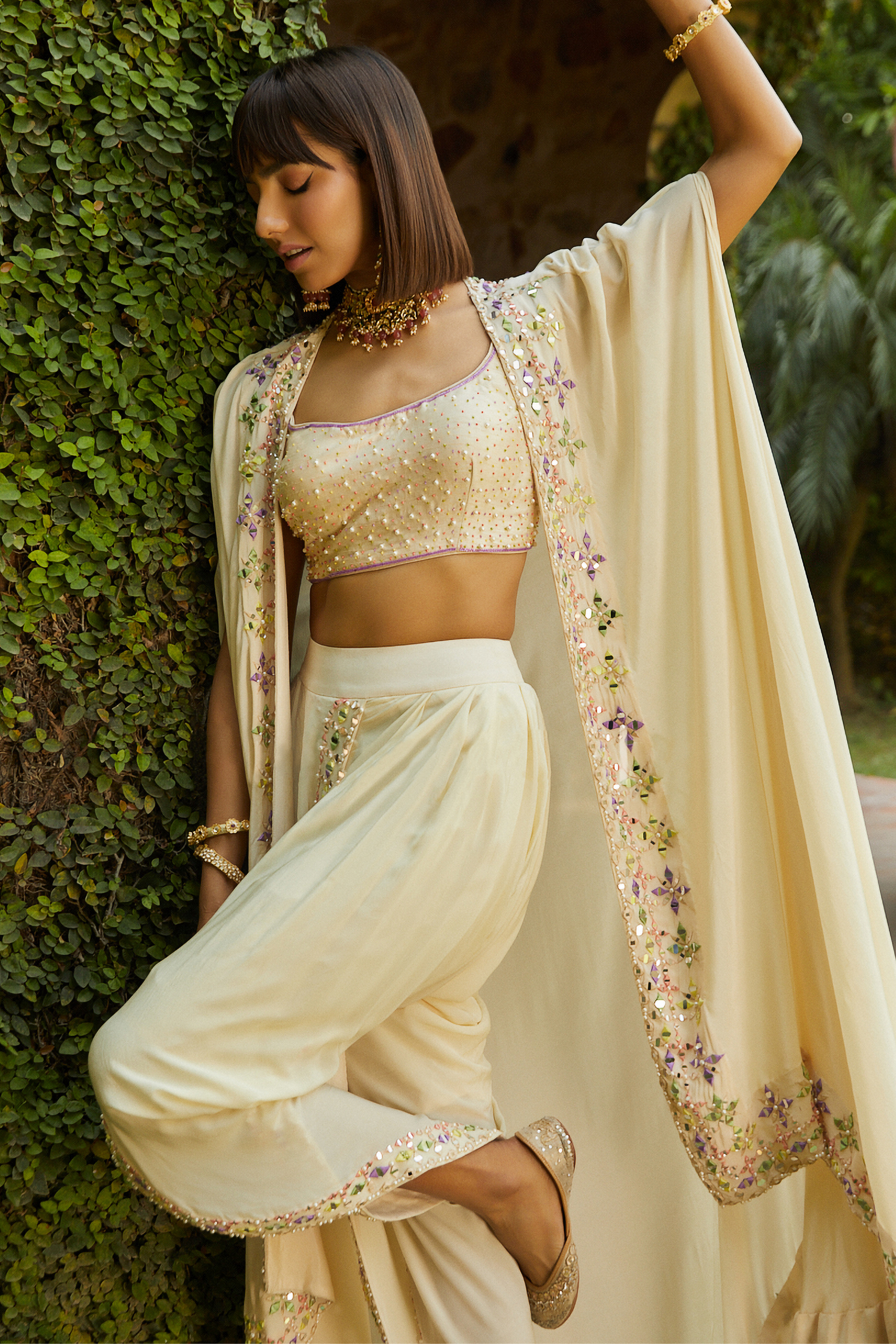 Embroidered Ivory Dhoti Pant Set With Cape