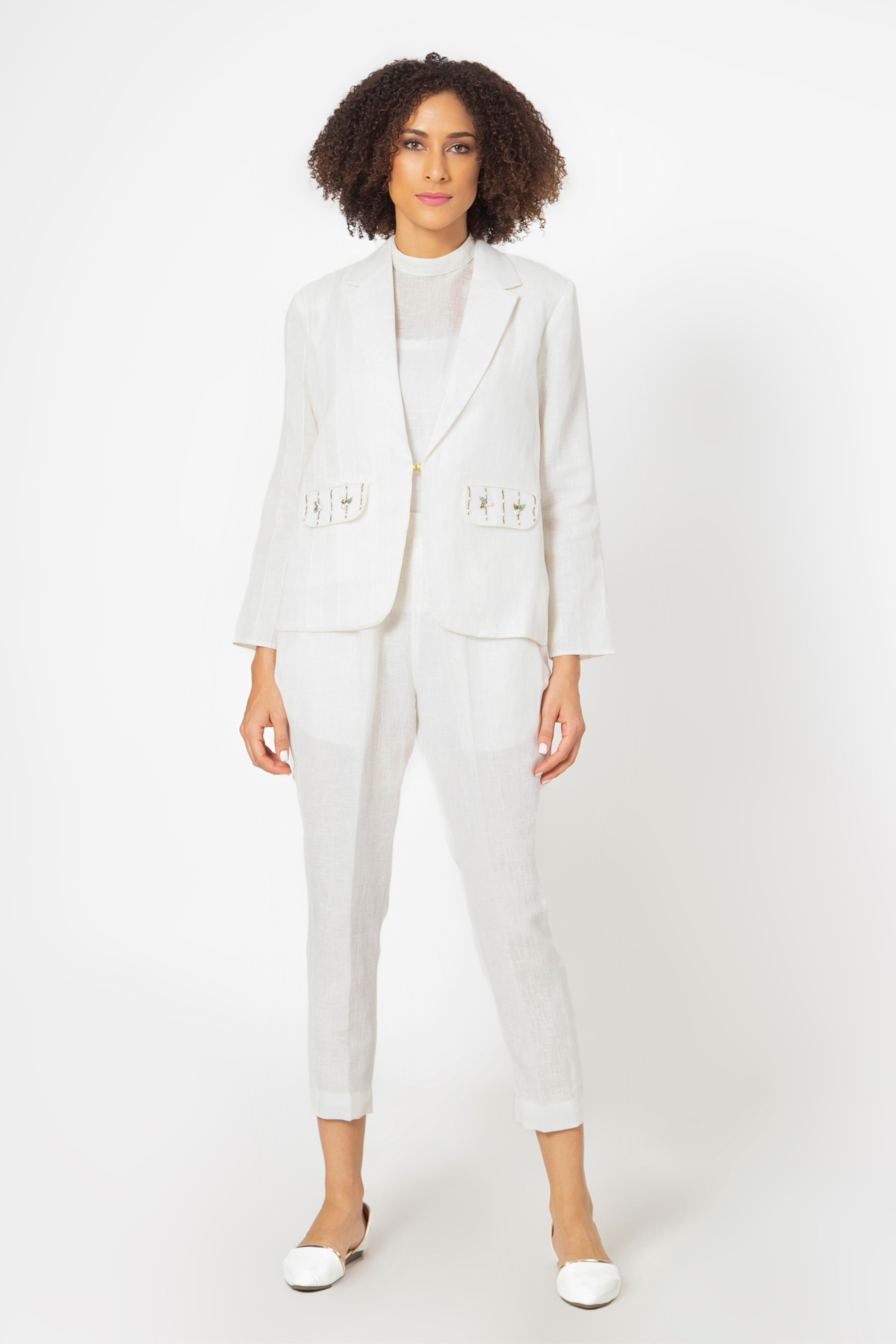 Embellished White Jacket and Pant Set