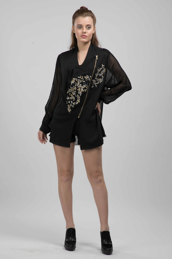 Jacket Style Black Top With Zari Embroidery