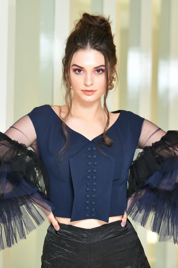 Frill Blue And Black Crop Top