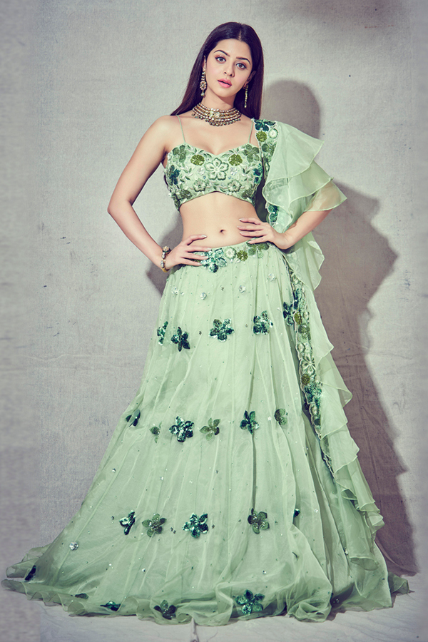 Green Floral Embroidered Lehenga with Ruffle Dupatta