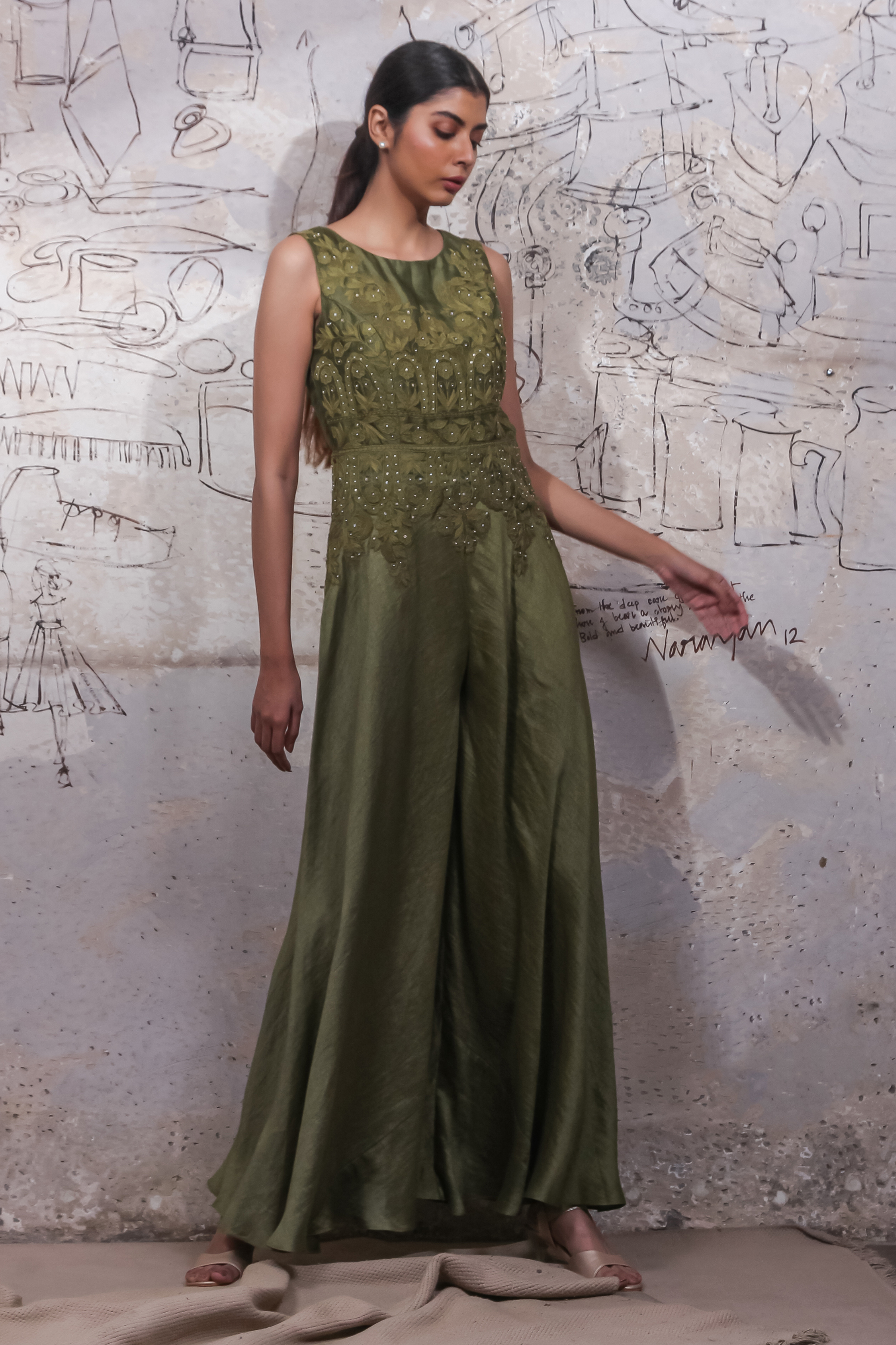 Green Jumpsuit with Embroidery 