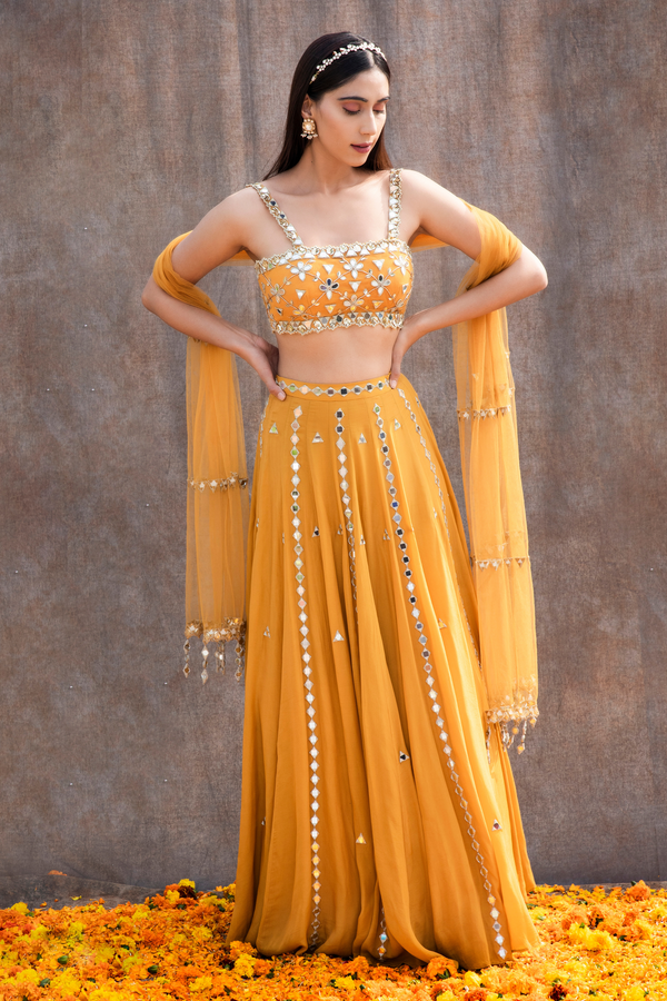Yellow Mirror Work Blouse with Embroidered Dupatta and Lehenga