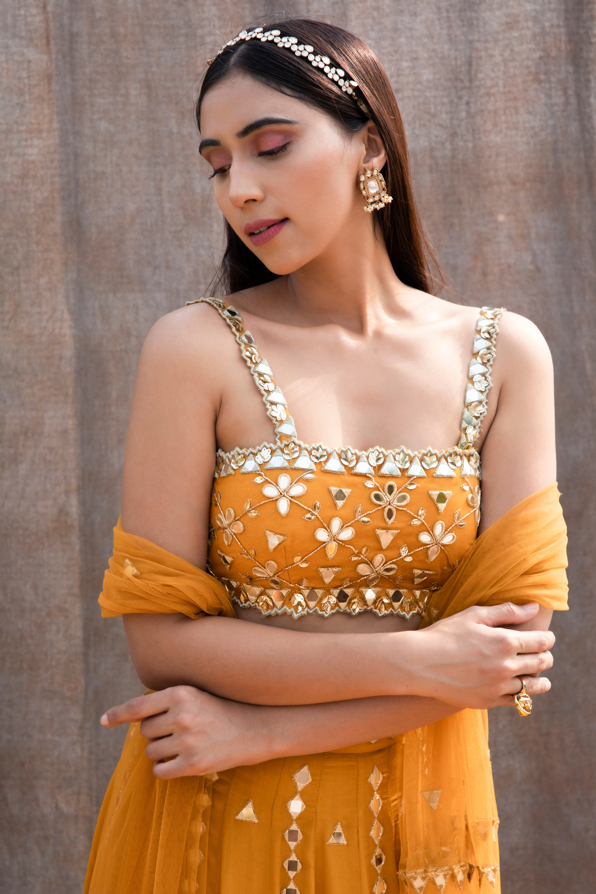 Yellow Blouse with Embroidered Dupatta and Lehenga