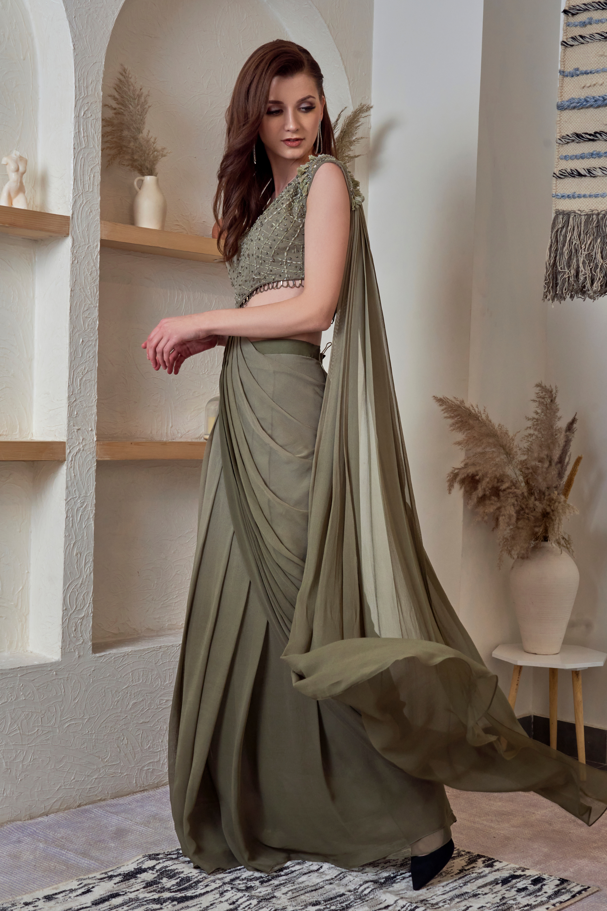 One Shoulder Ombre Saree Gown