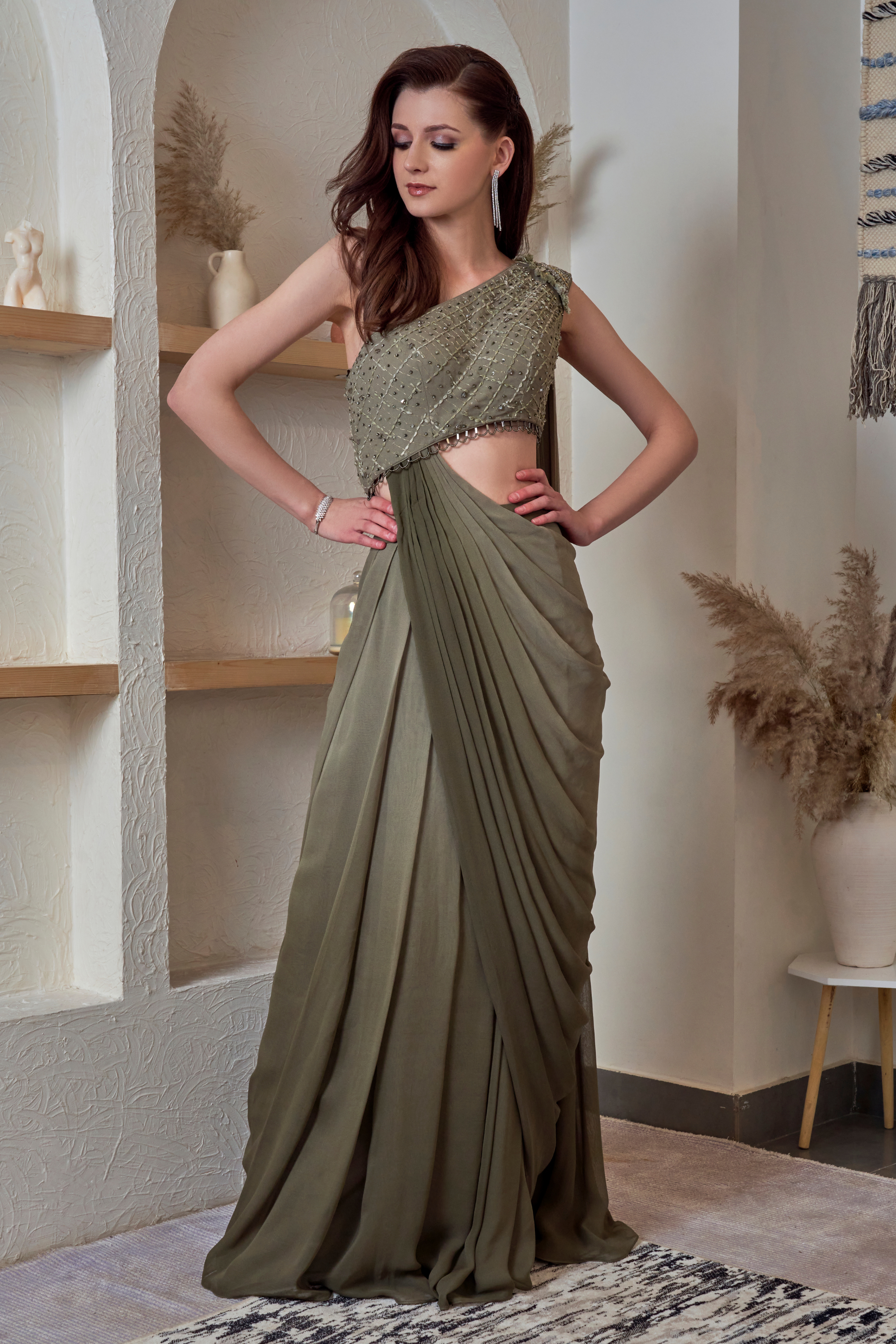 Embellished Draped One Shoulder Ombre Saree Gown