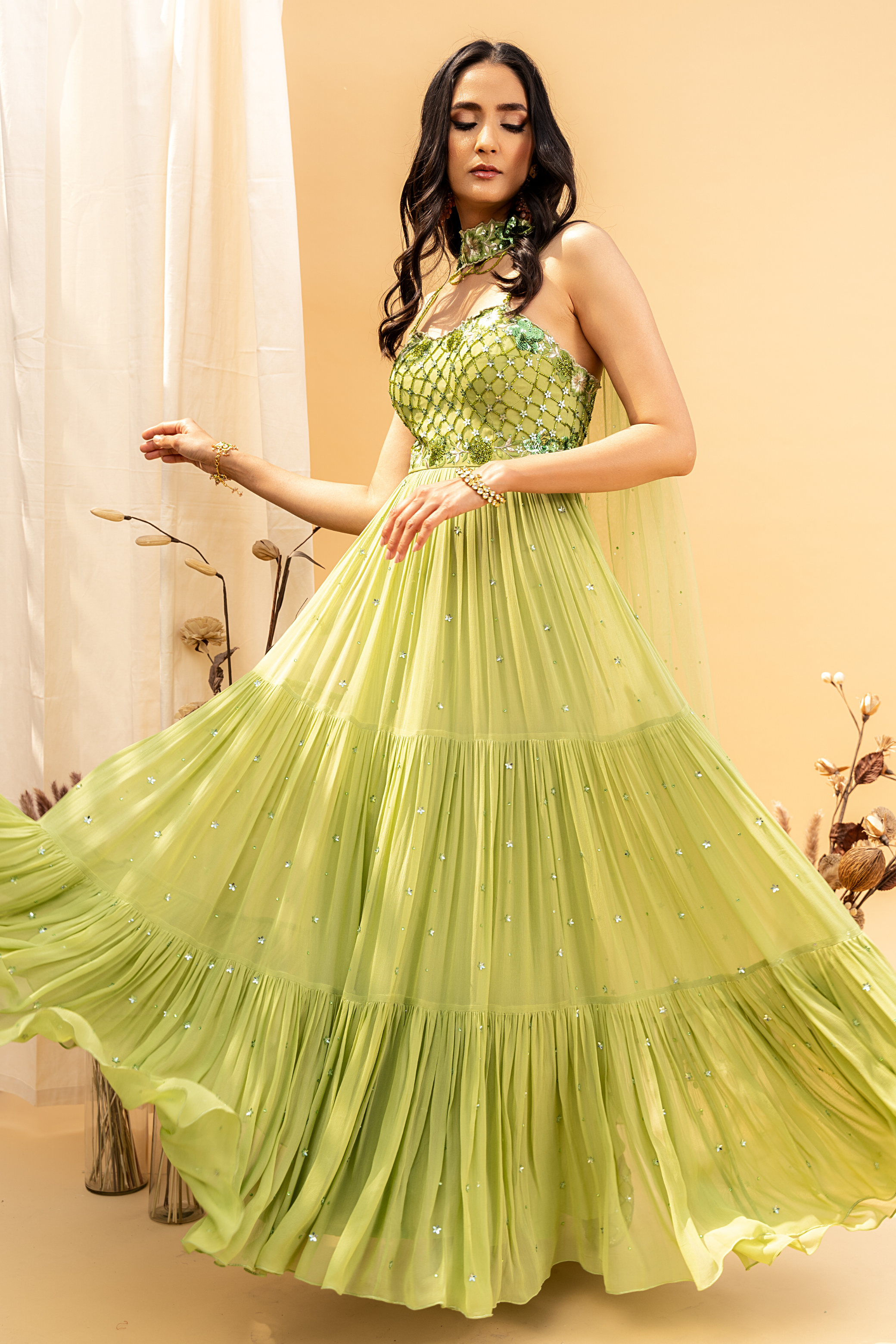 Green Floral Embroidered Anarkali with Choker Dupatta