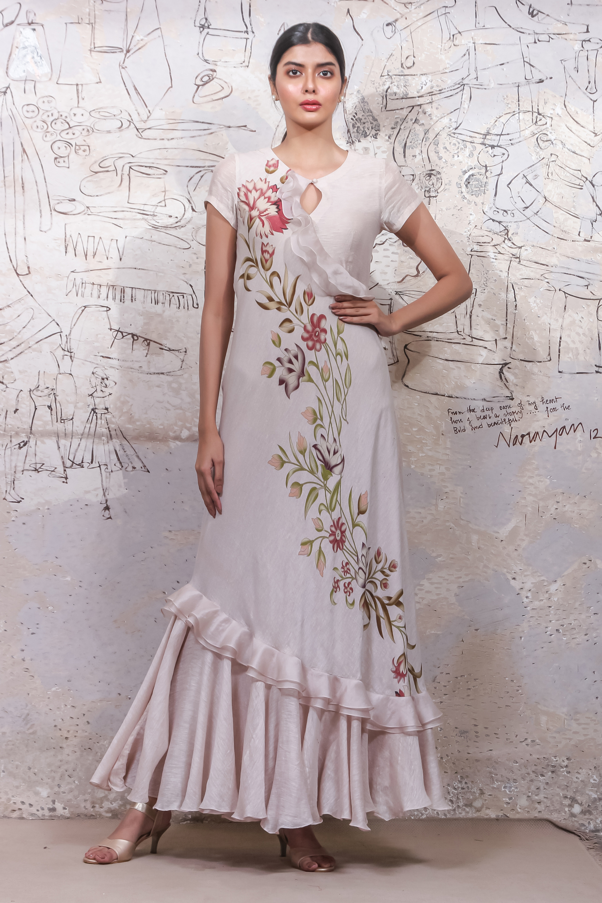 Flower Ivory Printed Ruffled Dress
